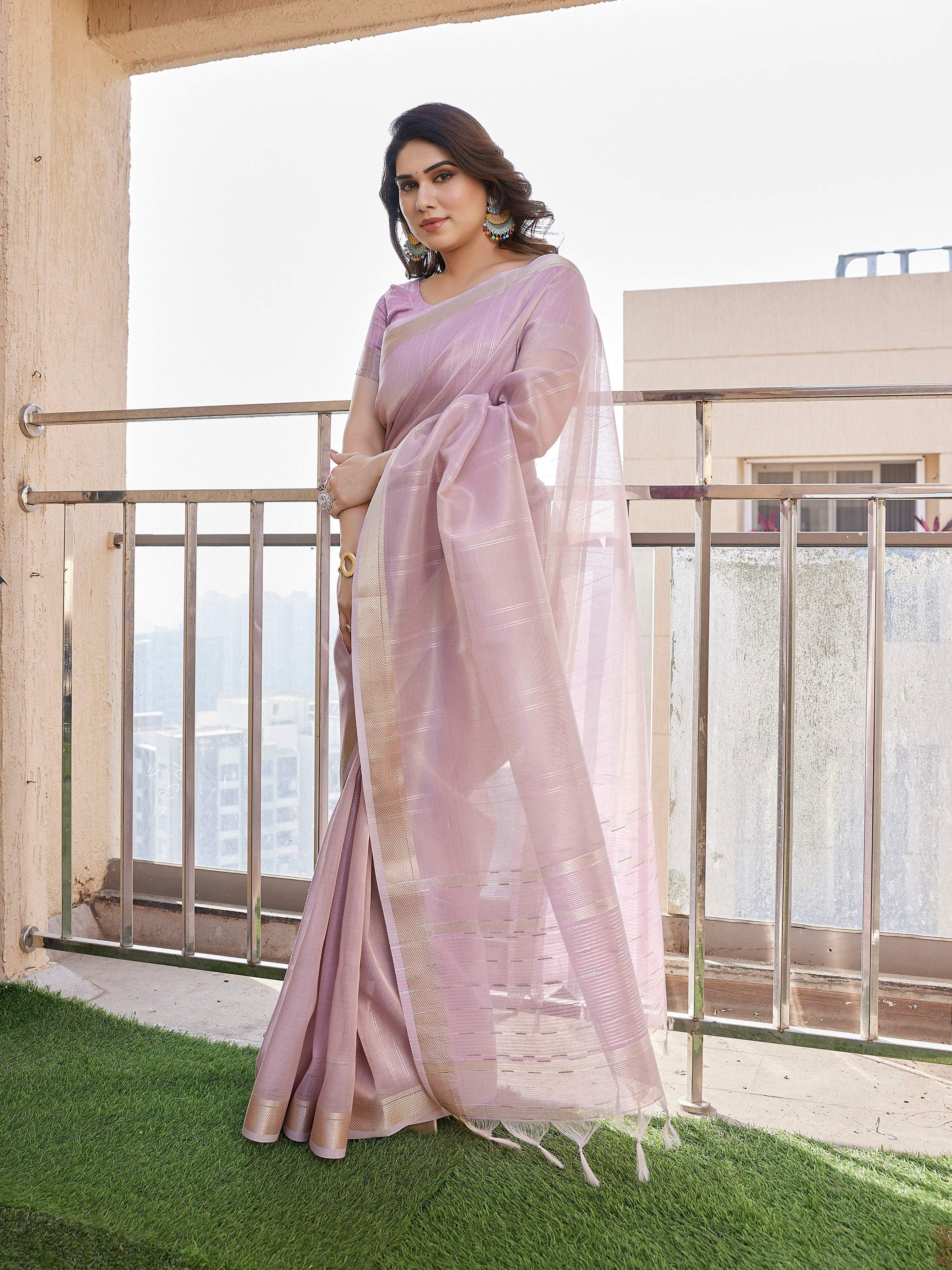 Jyoti Fashion Women's Purple Soft Tissue Linen Silk Zari Woven Saree with Blouse
