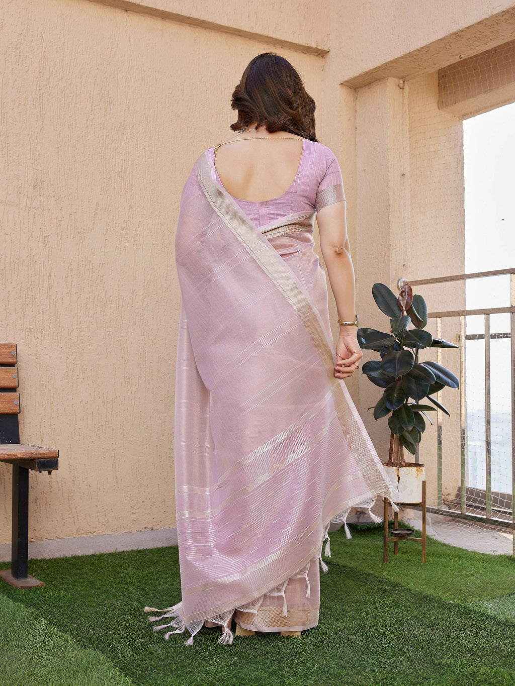 Jyoti Fashion Women's Purple Soft Tissue Linen Silk Zari Woven Saree with Blouse