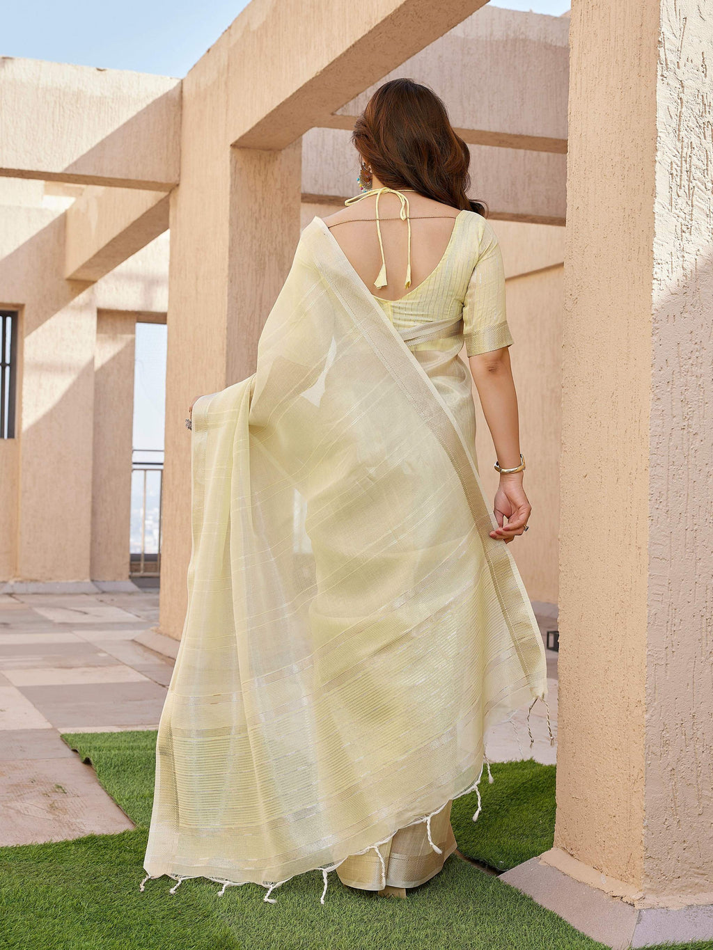 Jyoti Fashion Women's Yellow Soft Tissue Linen Silk Zari Woven Saree with Blouse