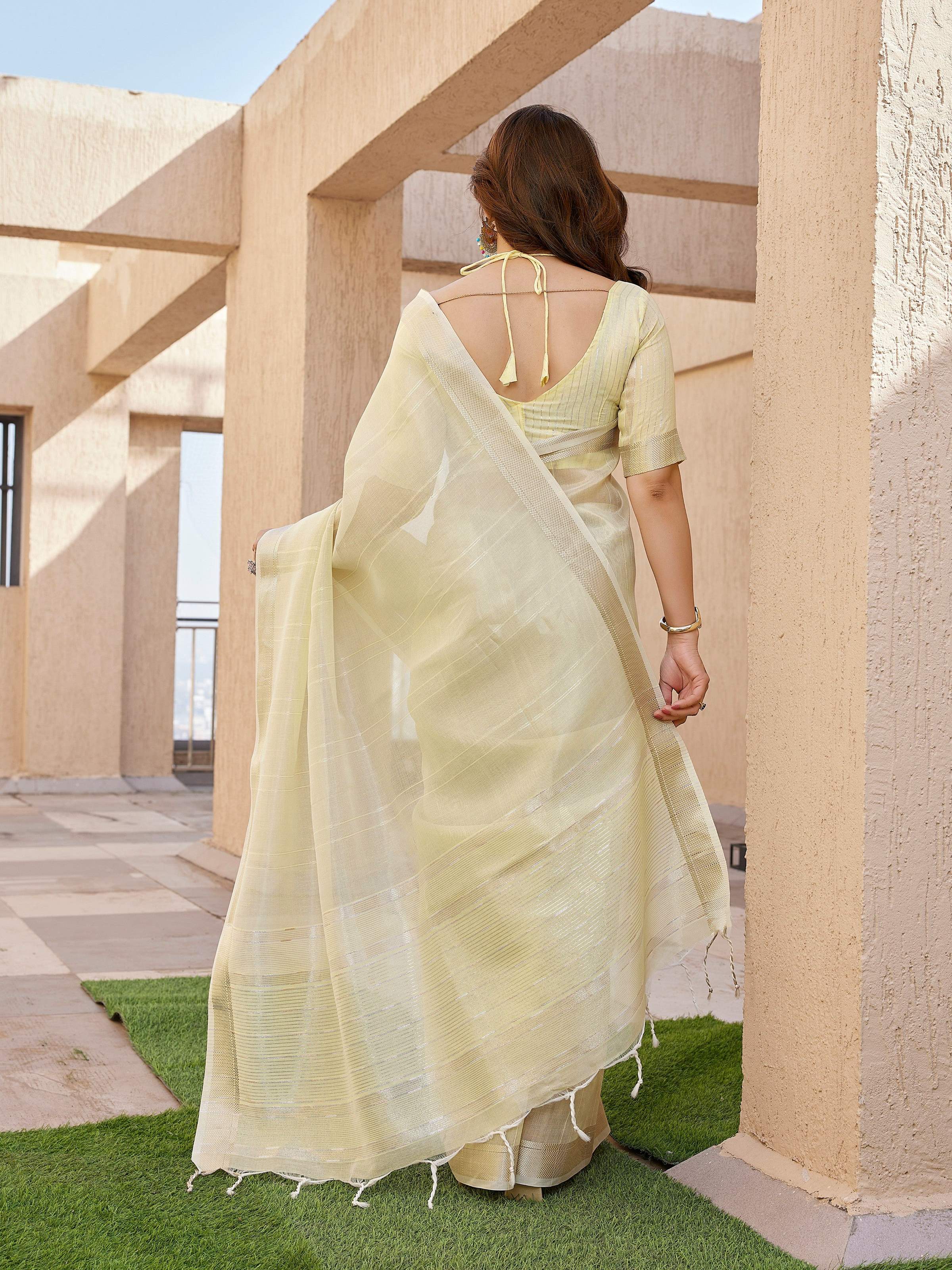 Jyoti Fashion Women's Yellow Soft Tissue Linen Silk Zari Woven Saree with Blouse