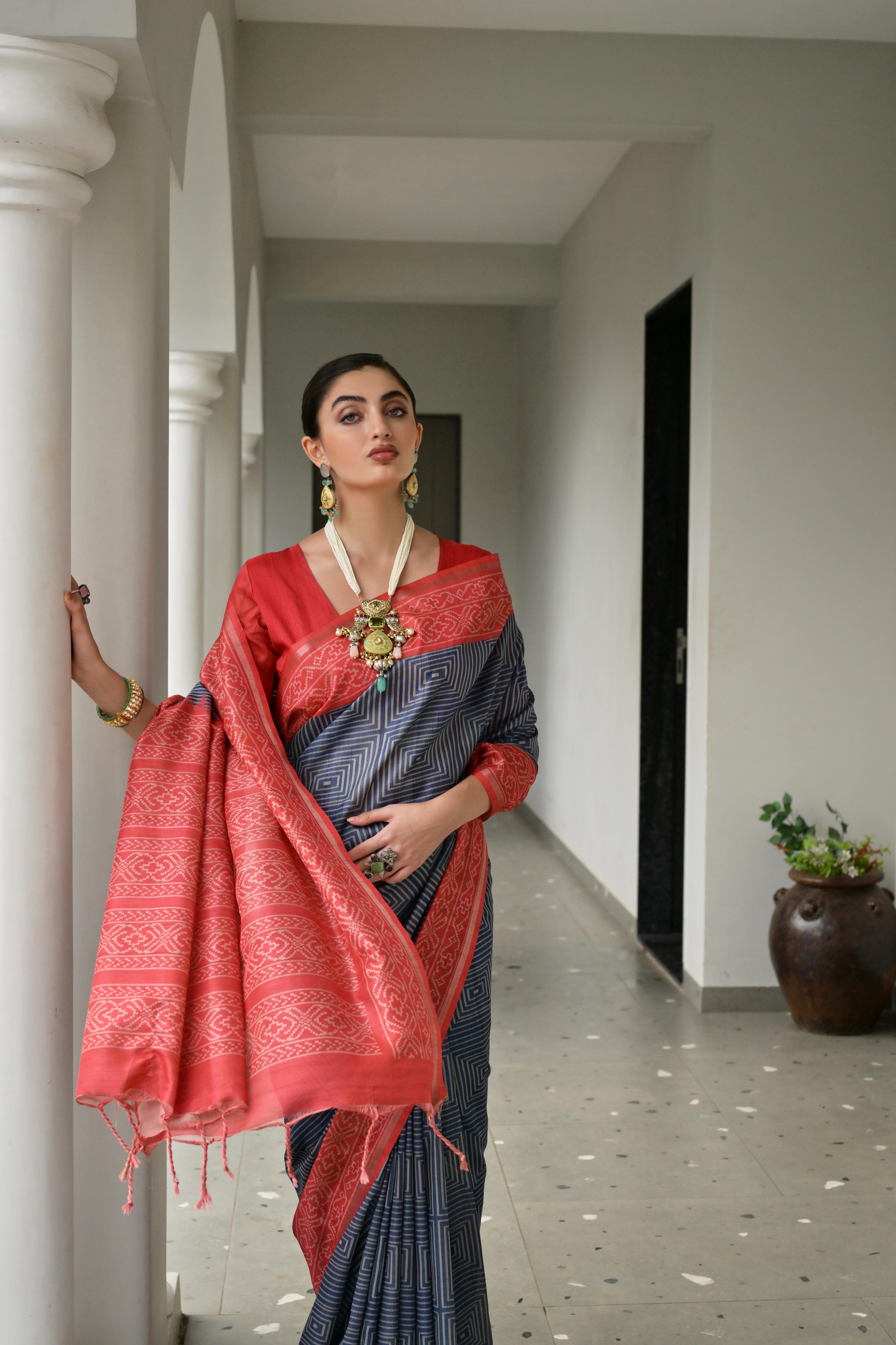 Jyoti Fashion Women's Navy Blue Soft Tussar Silk Ikkat Printed Saree with Blouse