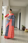 Jyoti Fashion Women's Navy Blue Soft Tussar Silk Ikkat Printed Saree with Blouse