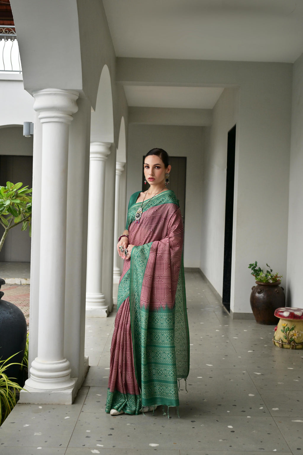 Jyoti Fashion Women's Wine Soft Tussar Silk Ikkat Printed Saree with Blouse