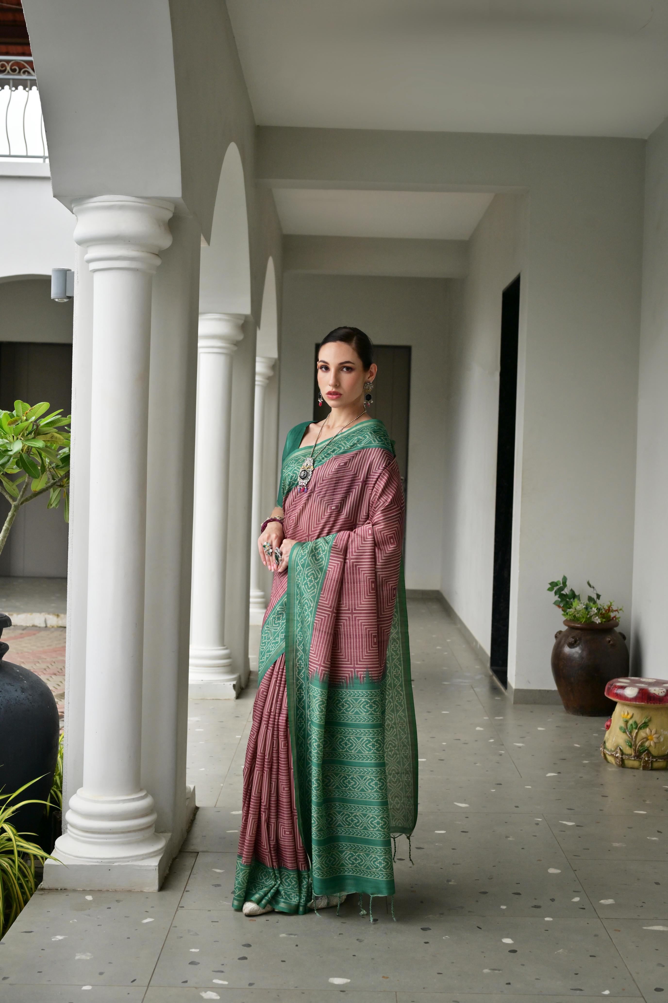 Jyoti Fashion Women's Wine Soft Tussar Silk Ikkat Printed Saree with Blouse