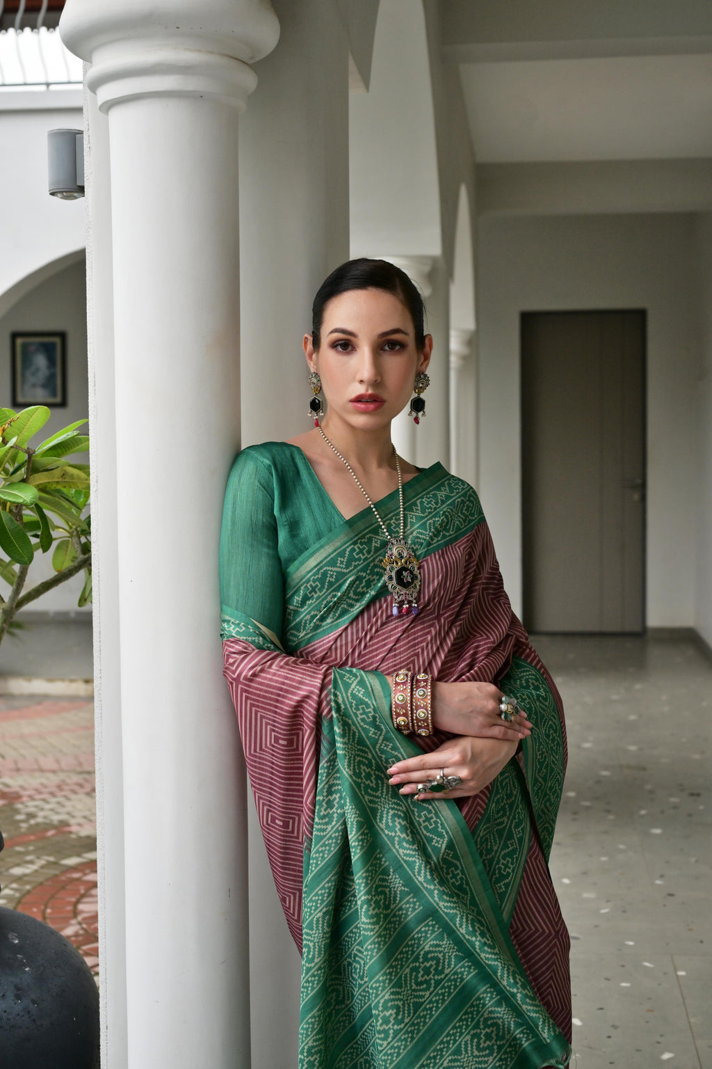 Jyoti Fashion Women's Wine Soft Tussar Silk Ikkat Printed Saree with Blouse
