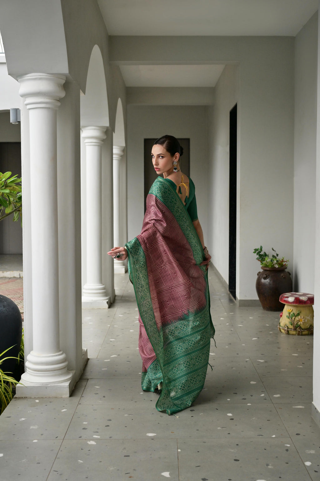 Jyoti Fashion Women's Wine Soft Tussar Silk Ikkat Printed Saree with Blouse