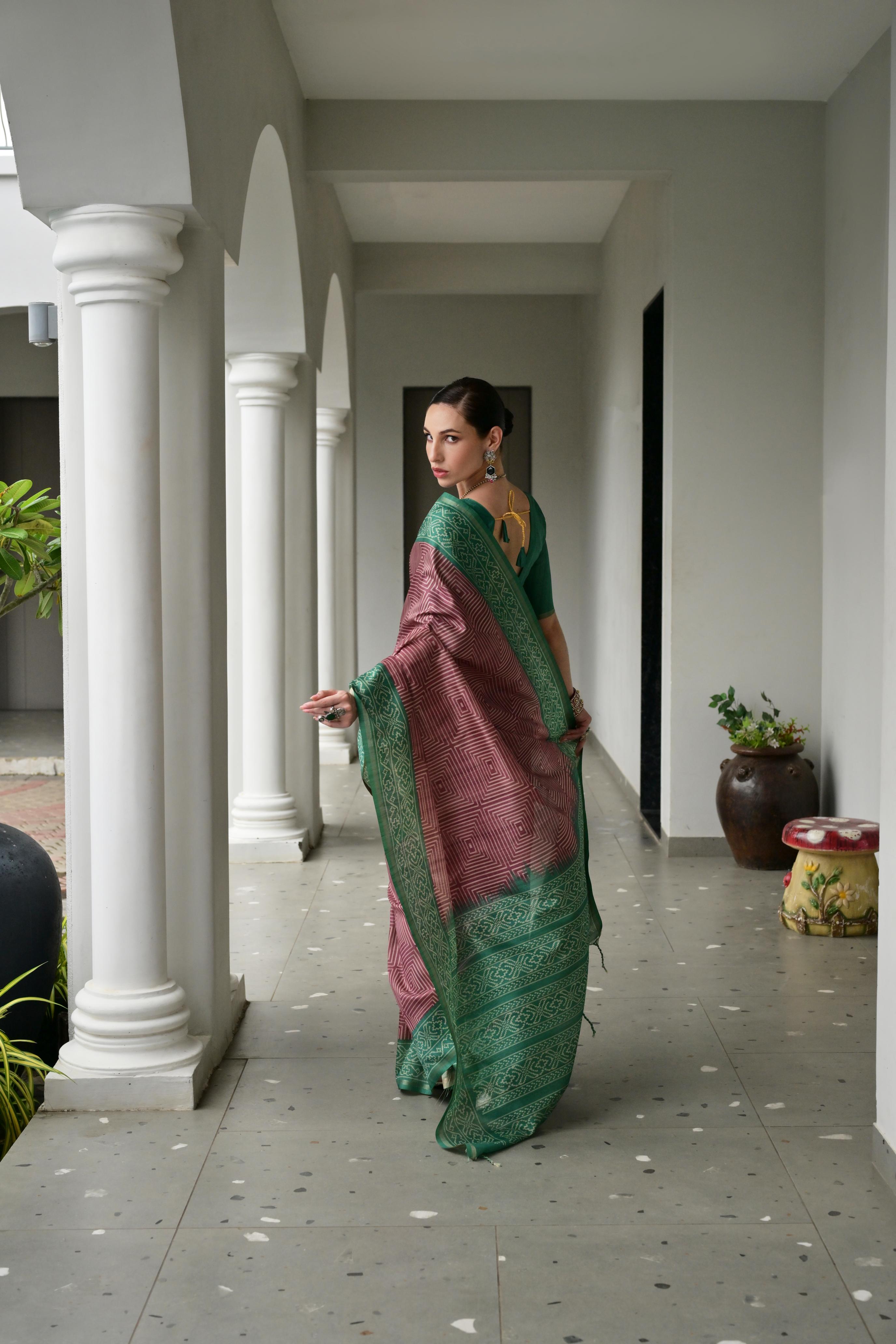Jyoti Fashion Women's Wine Soft Tussar Silk Ikkat Printed Saree with Blouse