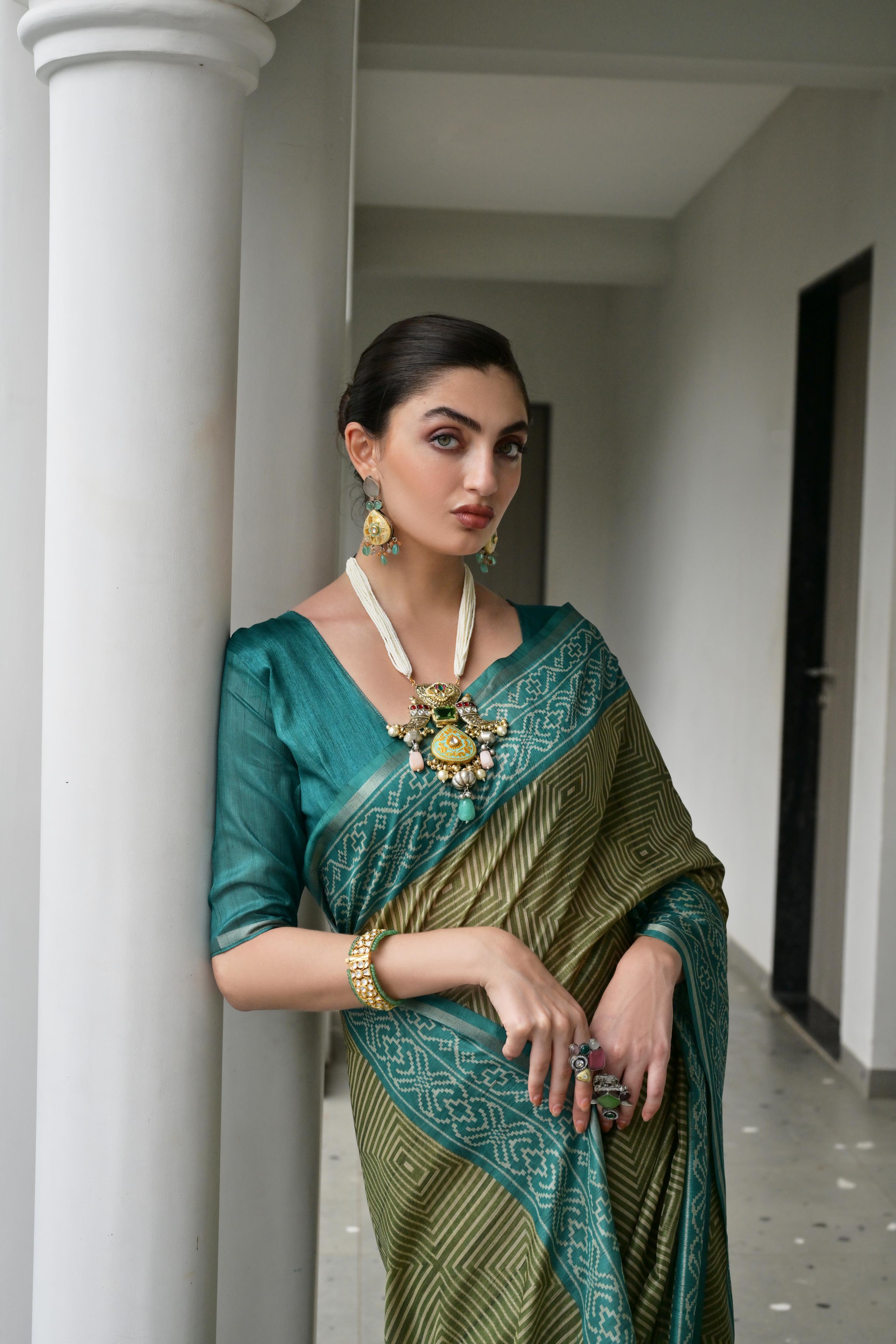 Jyoti Fashion Women's Mehendi Soft Tussar Silk Ikkat Printed Saree with Blouse