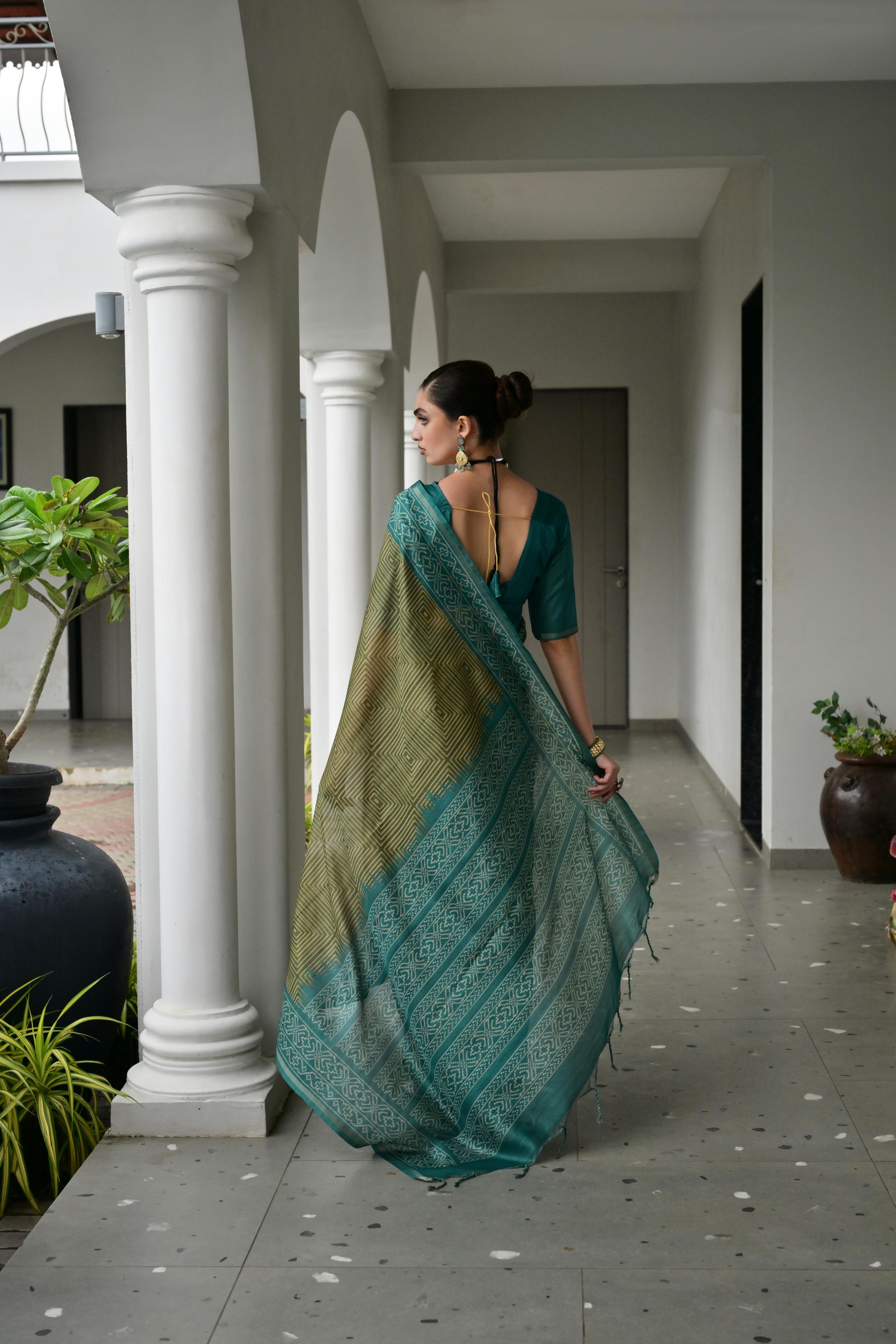 Jyoti Fashion Women's Mehendi Soft Tussar Silk Ikkat Printed Saree with Blouse