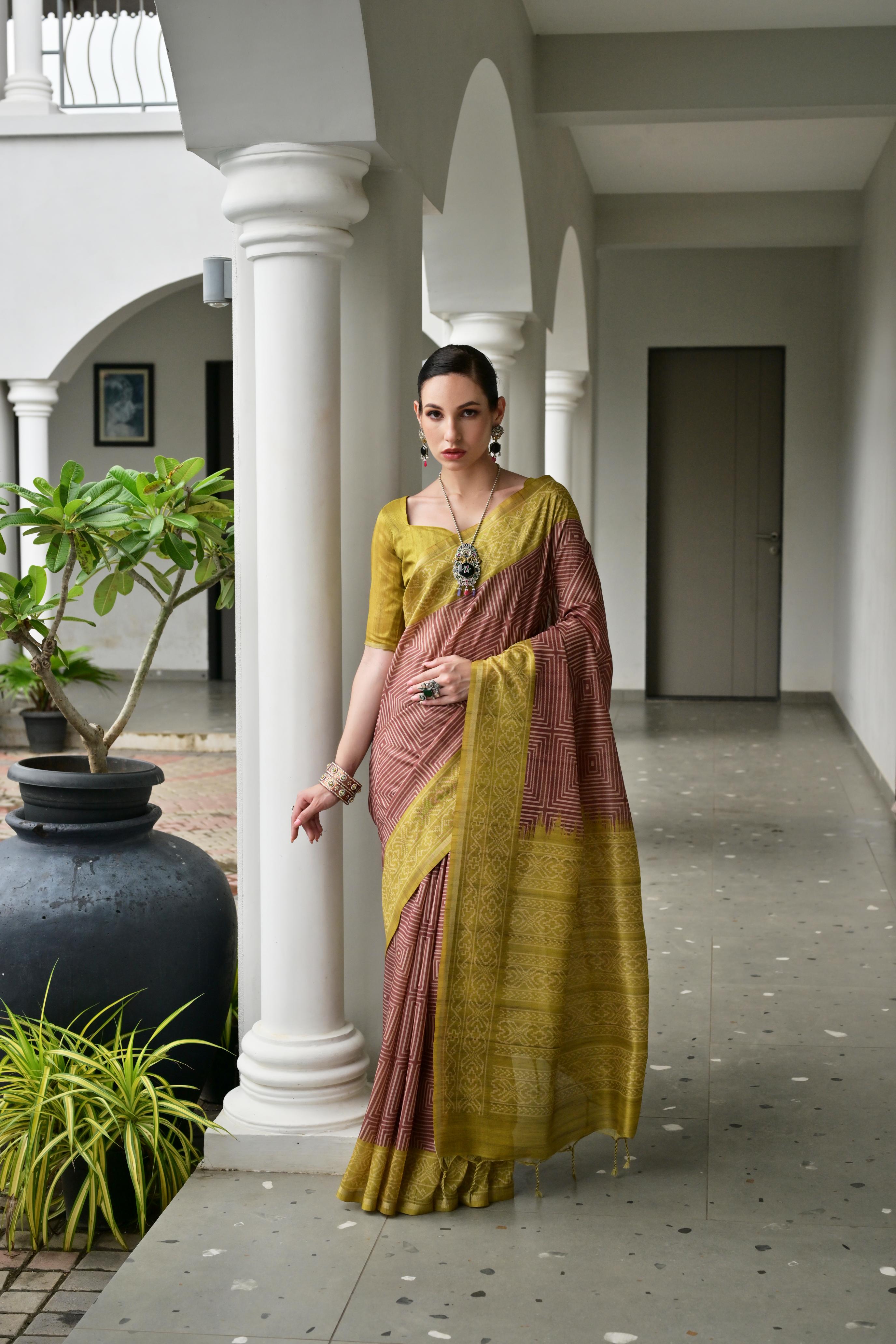 Jyoti Fashion Women's Maroon Soft Tussar Silk Ikkat Printed Saree with Blouse