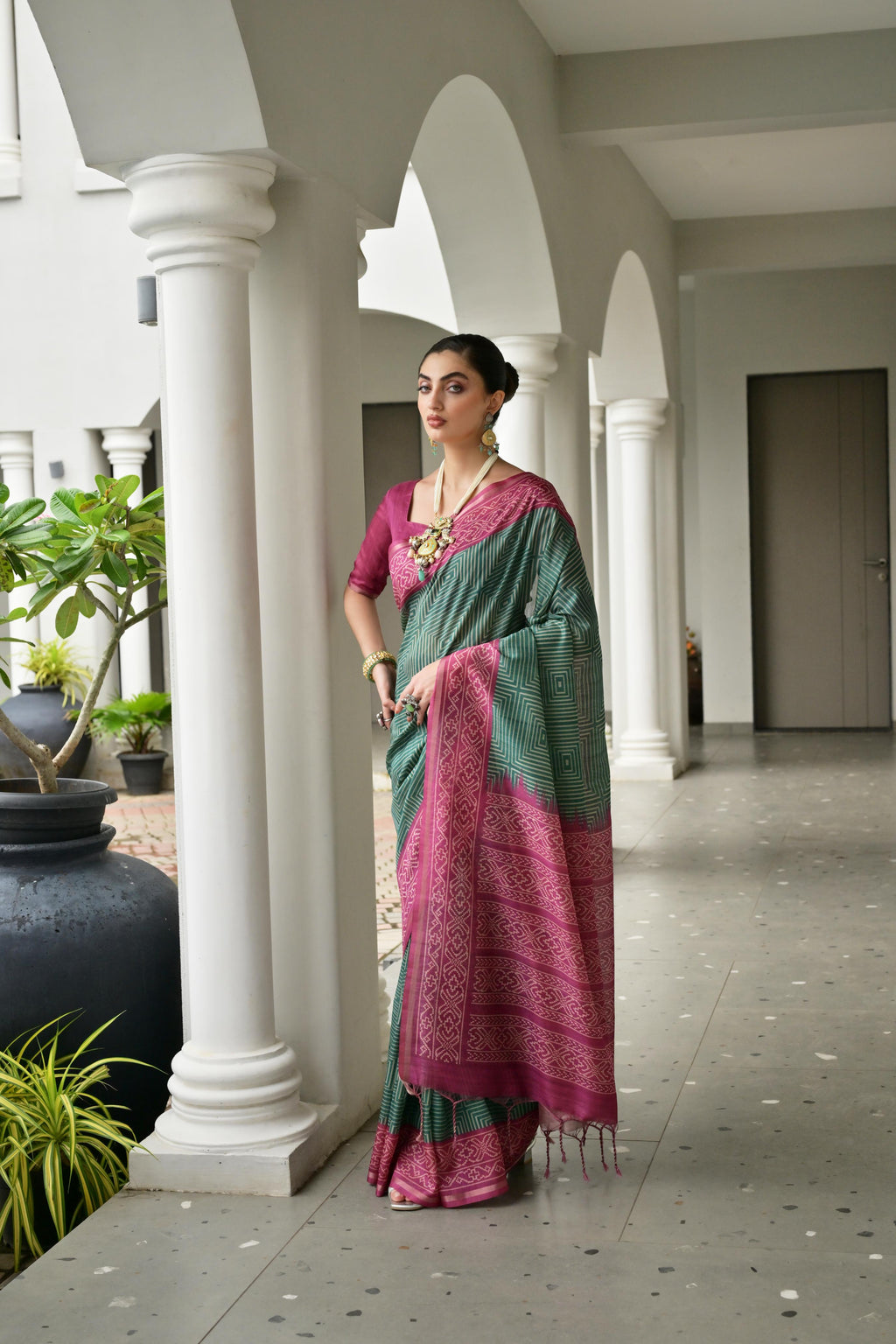 Jyoti Fashion Women's Bottle Green Soft Tussar Silk Ikkat Printed Saree with Blouse