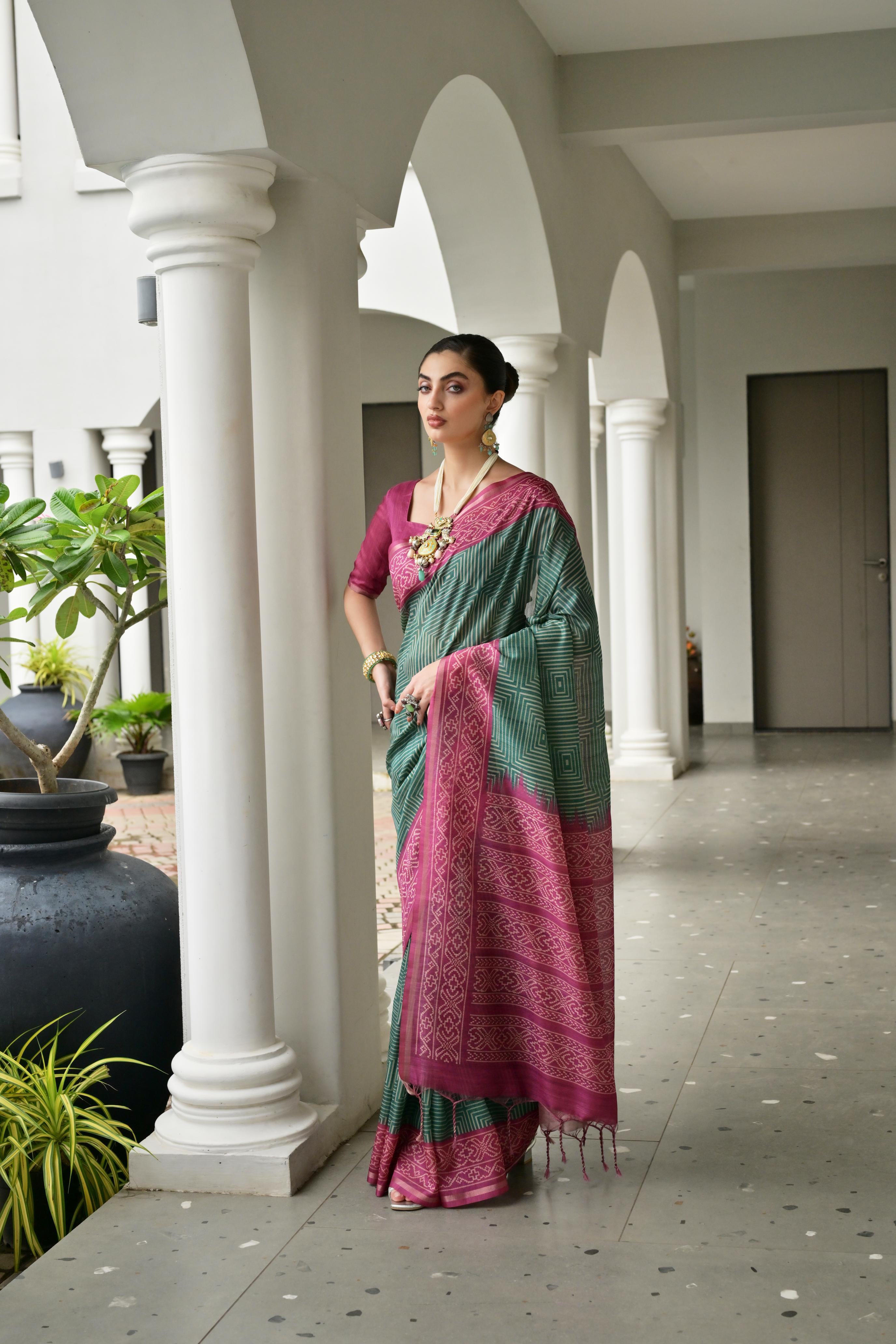 Jyoti Fashion Women's Bottle Green Soft Tussar Silk Ikkat Printed Saree with Blouse
