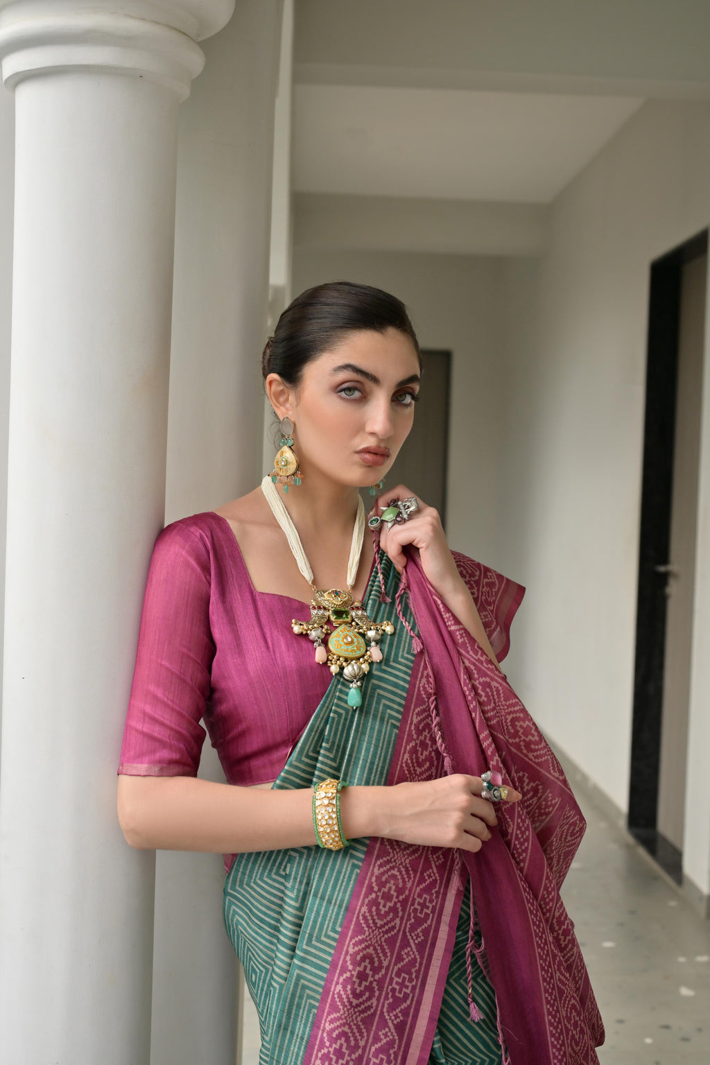 Jyoti Fashion Women's Bottle Green Soft Tussar Silk Ikkat Printed Saree with Blouse
