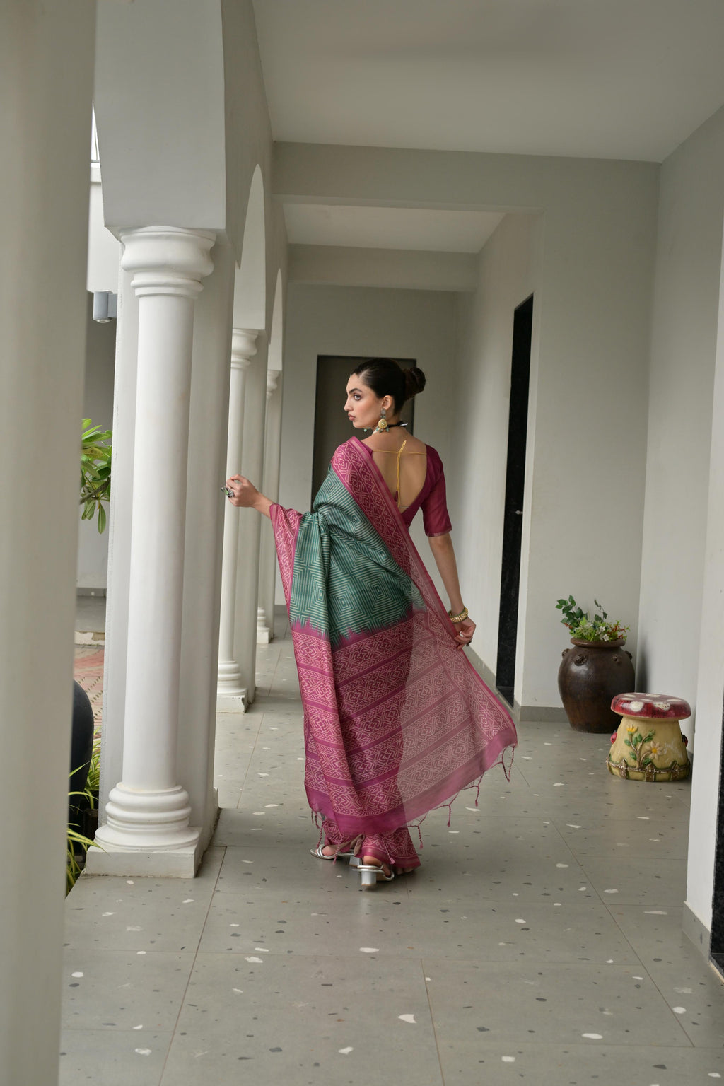 Jyoti Fashion Women's Bottle Green Soft Tussar Silk Ikkat Printed Saree with Blouse