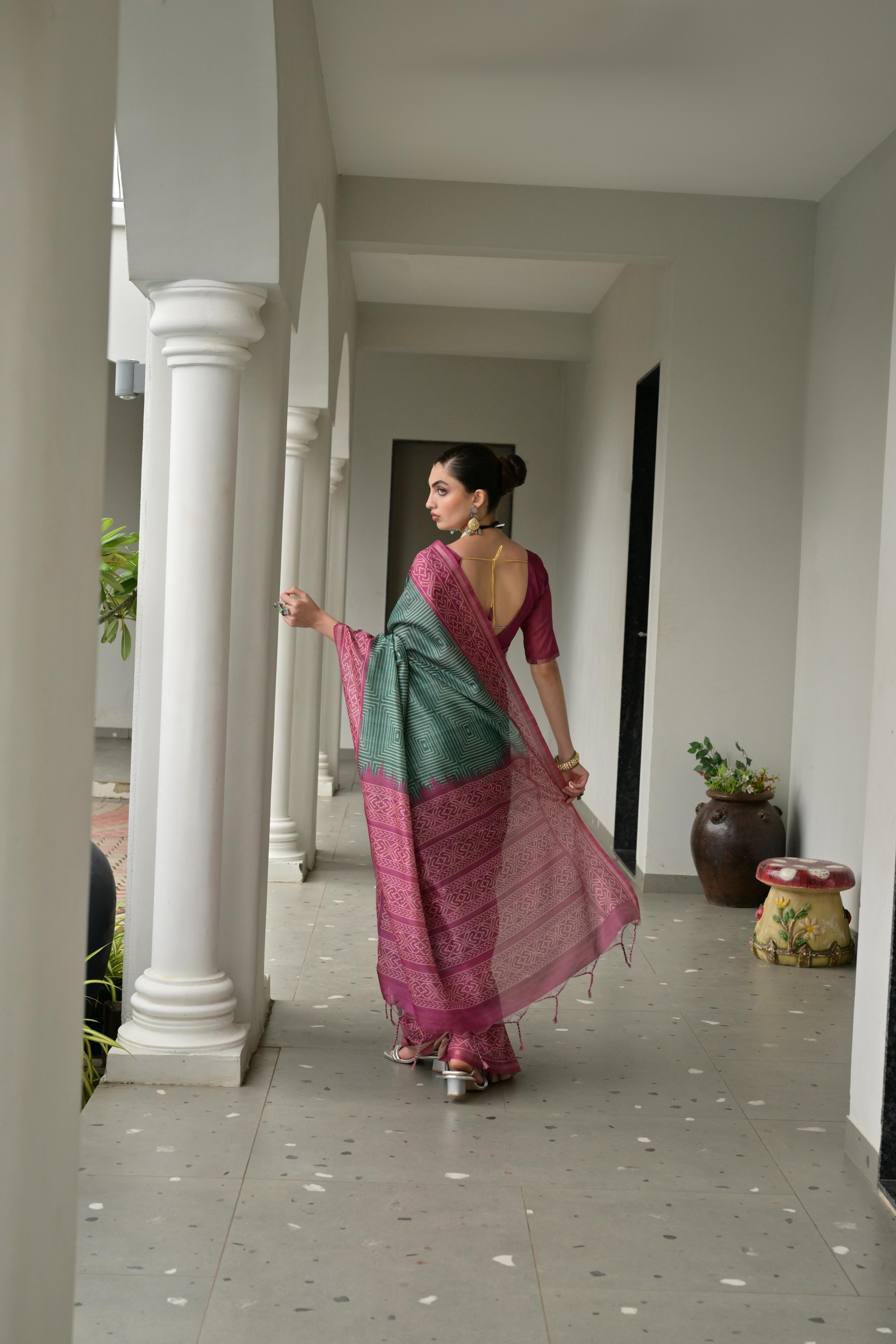 Jyoti Fashion Women's Bottle Green Soft Tussar Silk Ikkat Printed Saree with Blouse