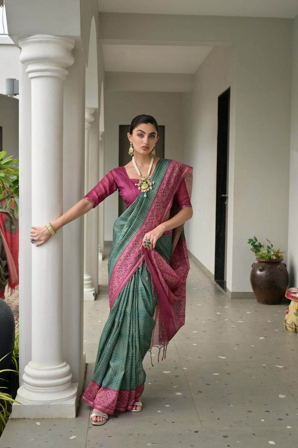 Jyoti Fashion Women's Bottle Green Soft Tussar Silk Ikkat Printed Saree with Blouse