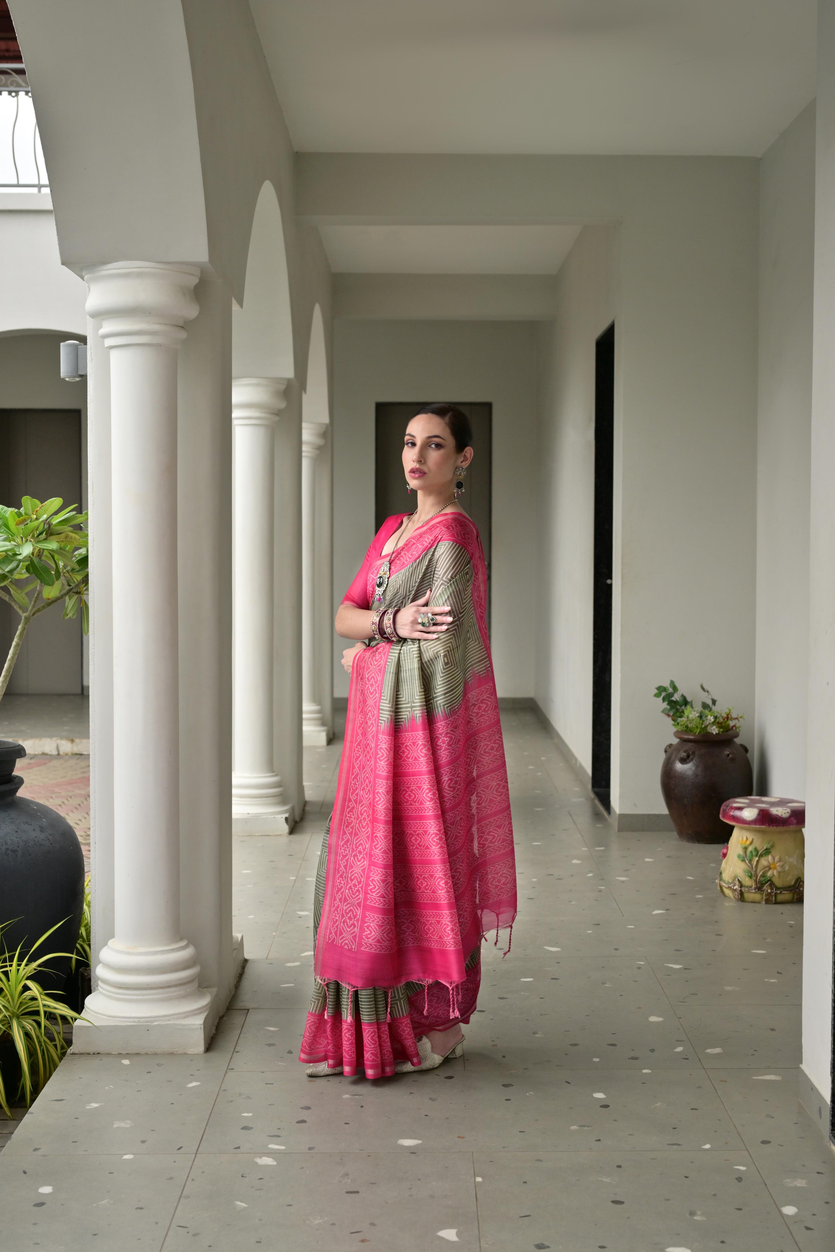 Jyoti Fashion Women's Pista Green Soft Tussar Silk Ikkat Printed Saree with Blouse