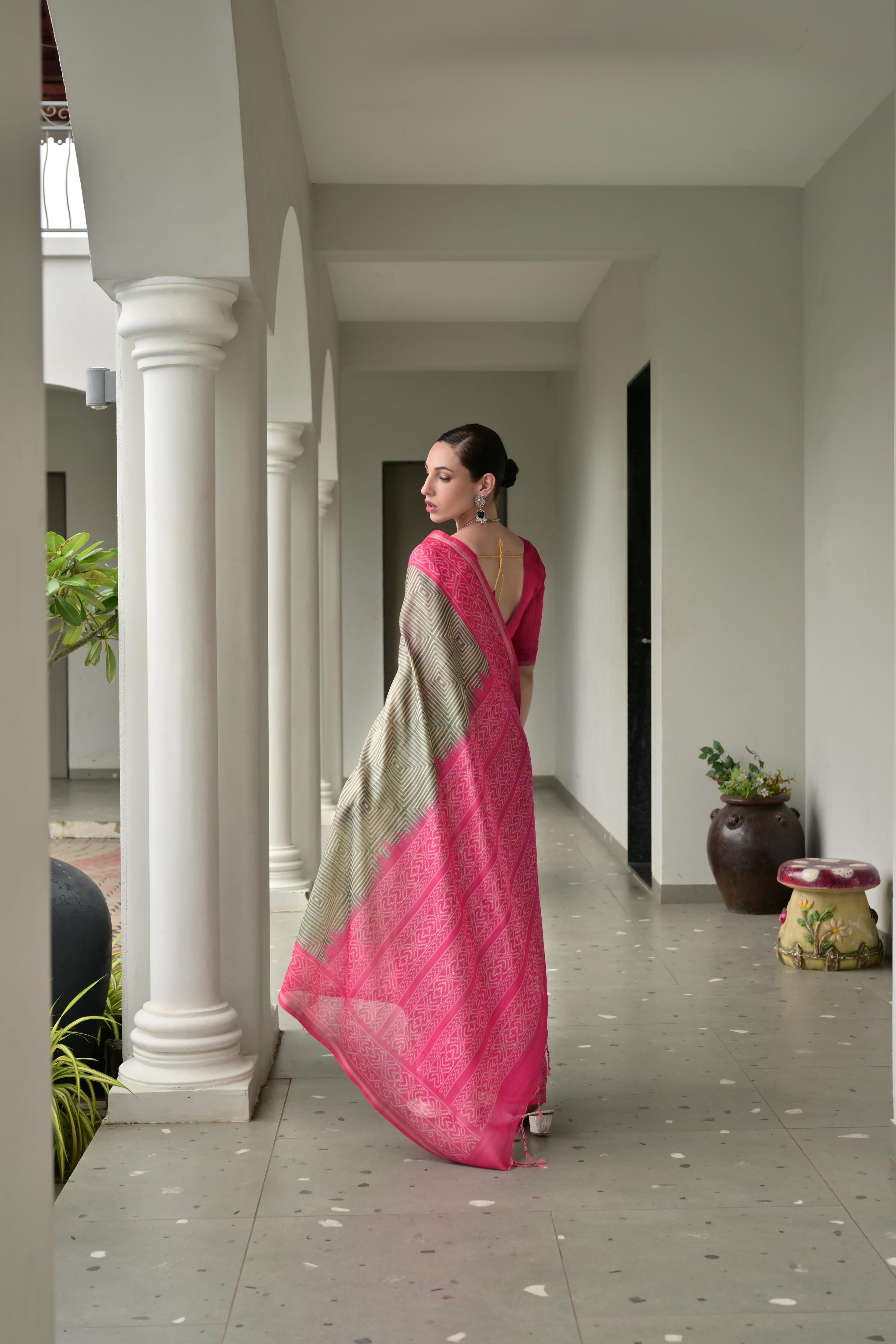 Jyoti Fashion Women's Pista Green Soft Tussar Silk Ikkat Printed Saree with Blouse
