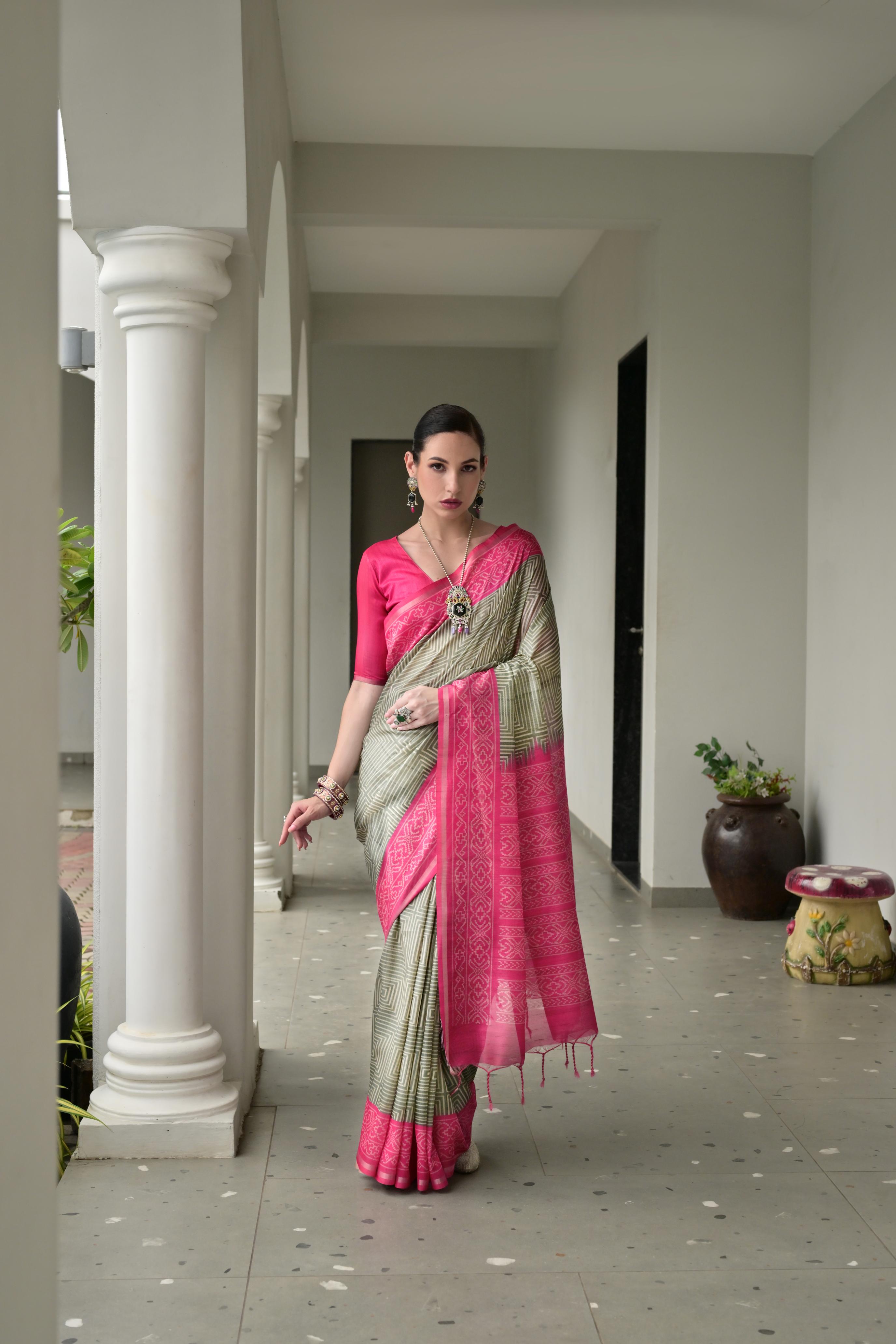 Jyoti Fashion Women's Pista Green Soft Tussar Silk Ikkat Printed Saree with Blouse