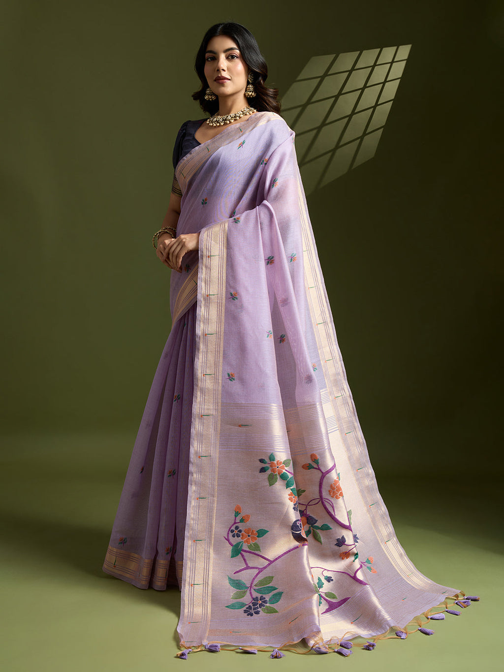 Jyoti Fashion Women's Purple Soft Muga Cotton Paithani Zari Woven Saree with Blouse
