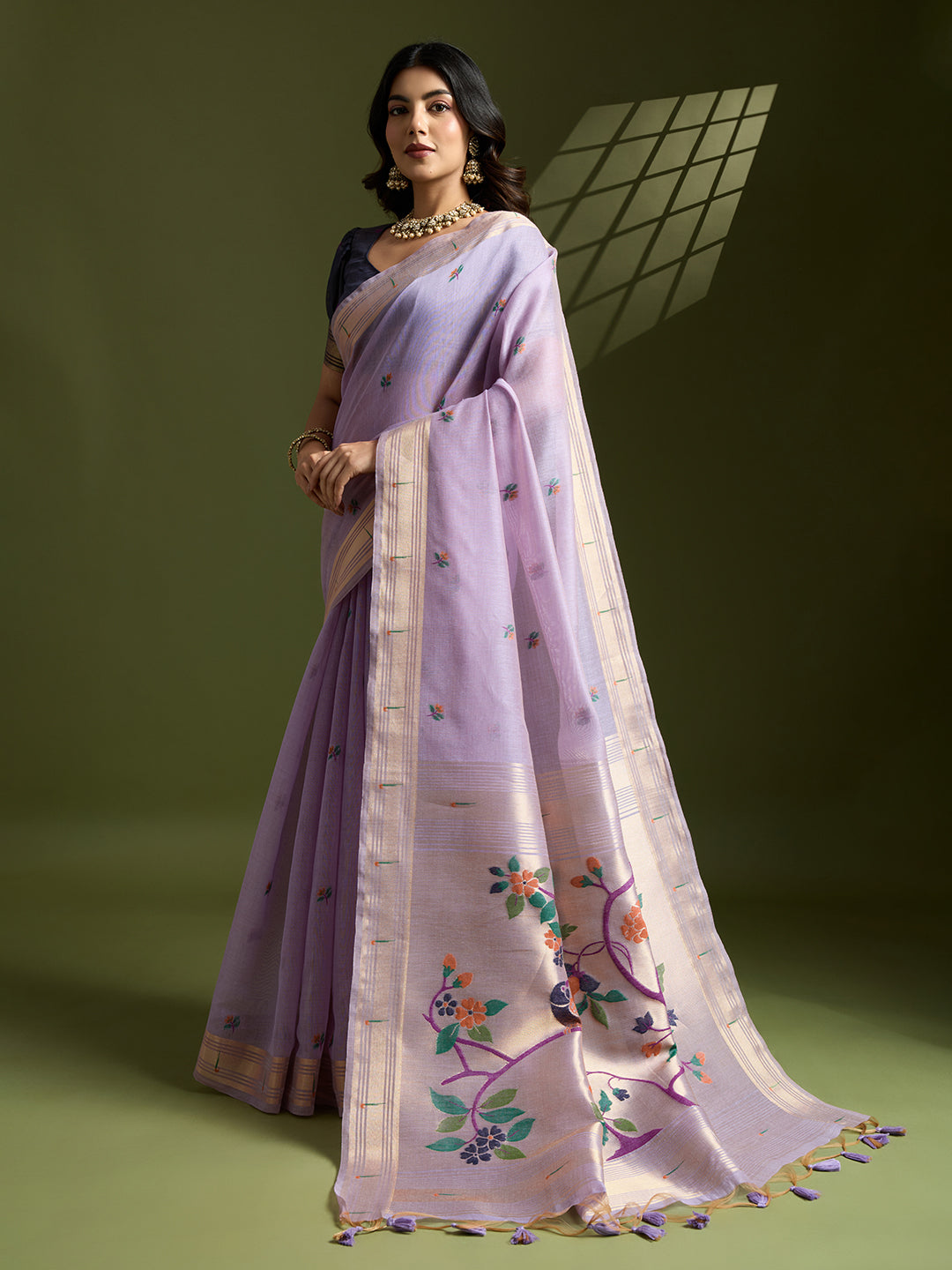 Jyoti Fashion Women's Purple Soft Muga Cotton Paithani Zari Woven Saree with Blouse