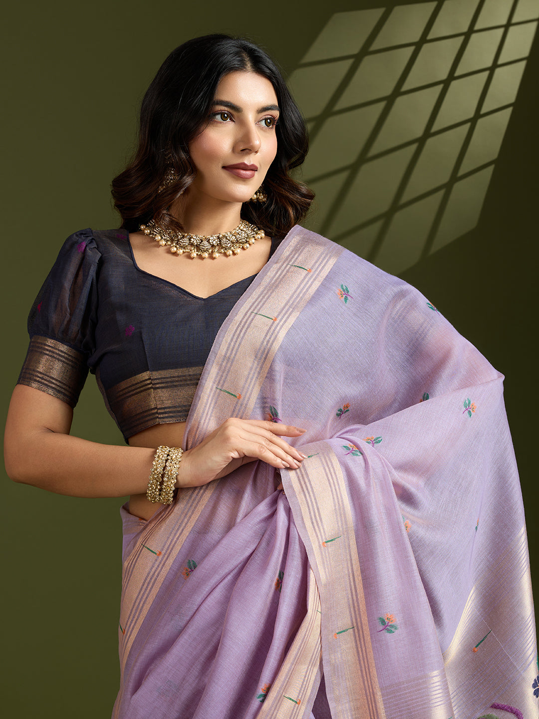 Jyoti Fashion Women's Purple Soft Muga Cotton Paithani Zari Woven Saree with Blouse
