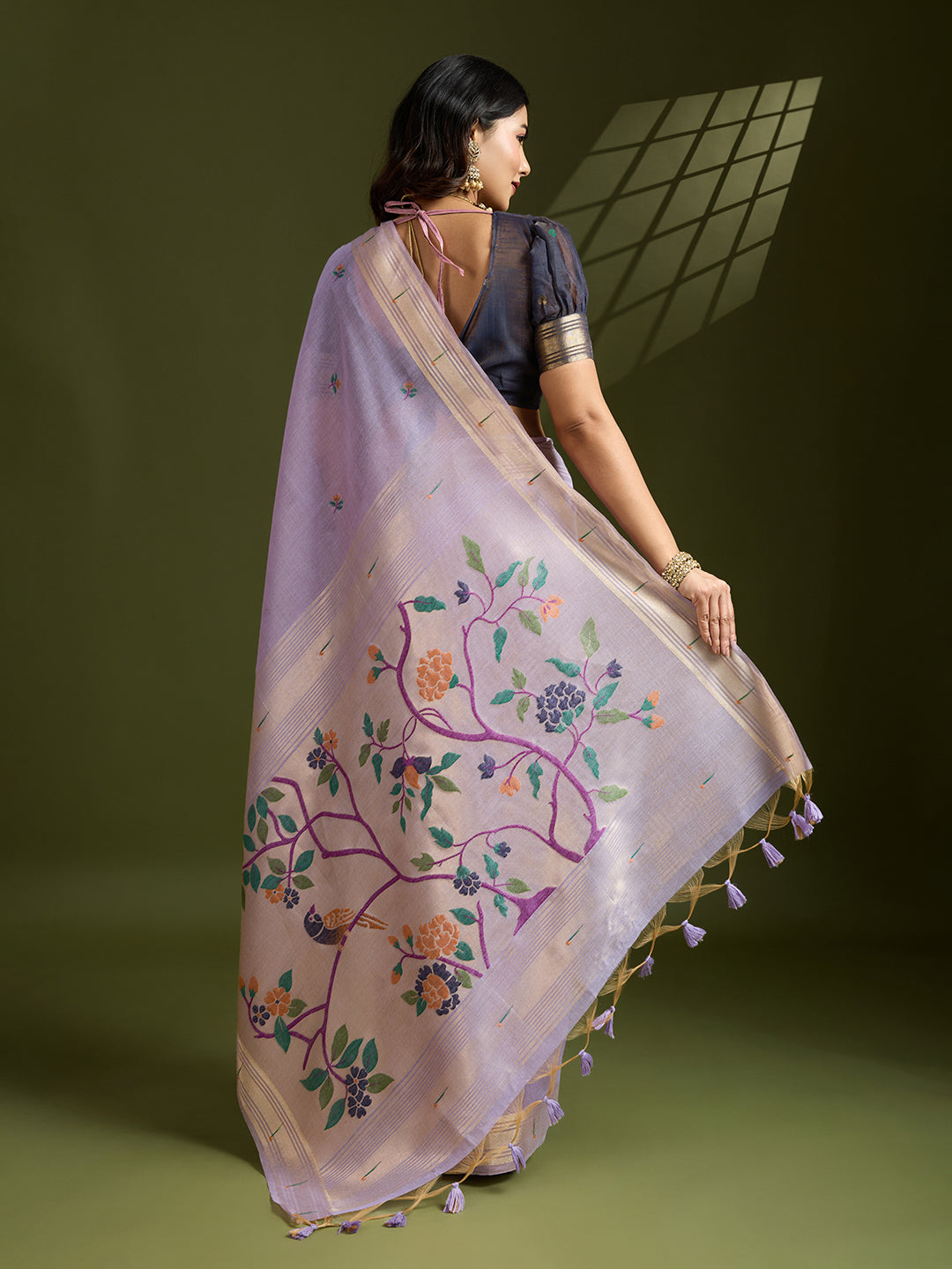 Jyoti Fashion Women's Purple Soft Muga Cotton Paithani Zari Woven Saree with Blouse