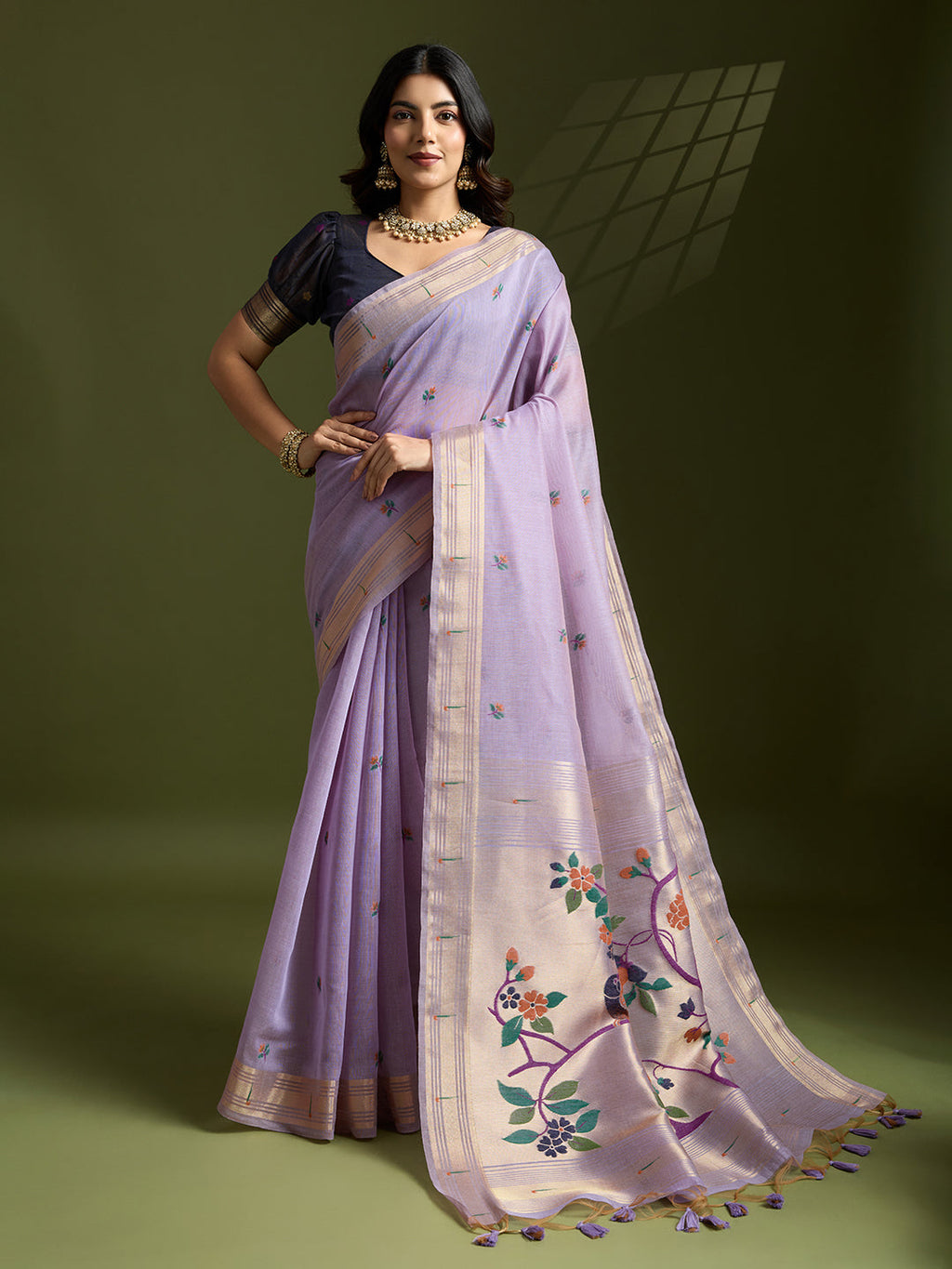 Jyoti Fashion Women's Purple Soft Muga Cotton Paithani Zari Woven Saree with Blouse