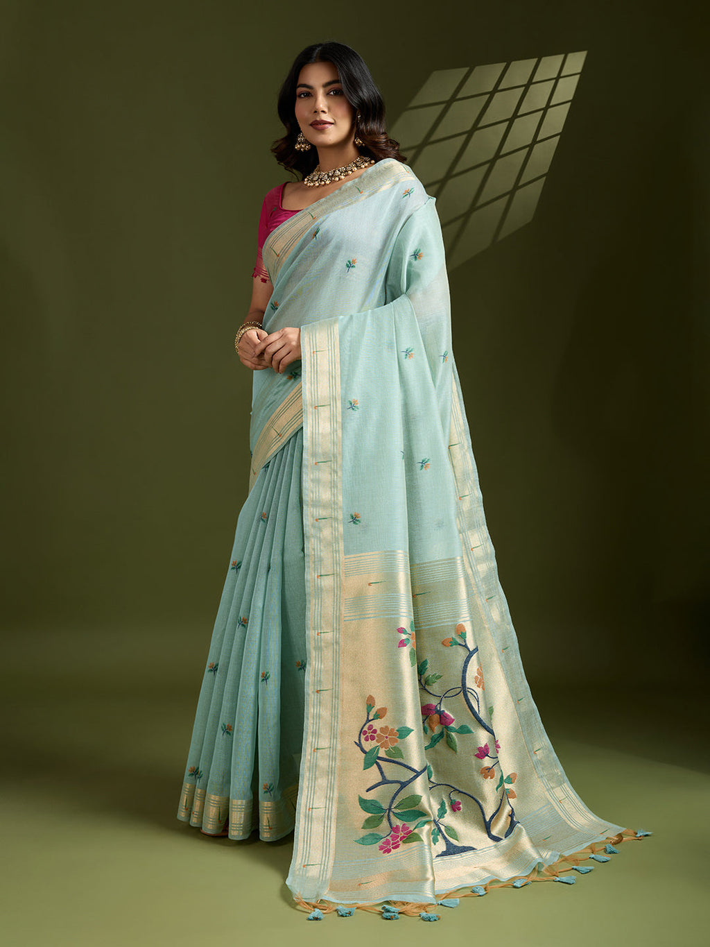 Jyoti Fashion Women's Sky Blue Soft Muga Cotton Paithani Zari Woven Saree with Blouse