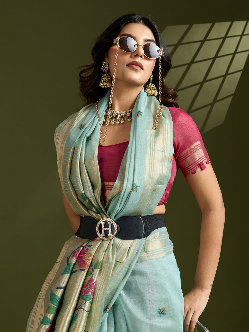 Jyoti Fashion Women's Sky Blue Soft Muga Cotton Paithani Zari Woven Saree with Blouse