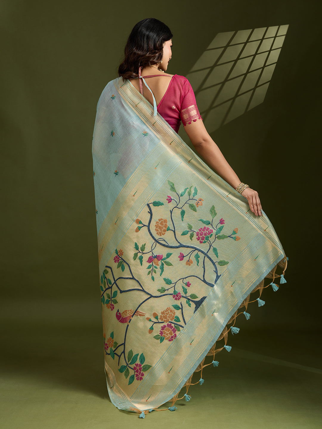 Jyoti Fashion Women's Sky Blue Soft Muga Cotton Paithani Zari Woven Saree with Blouse