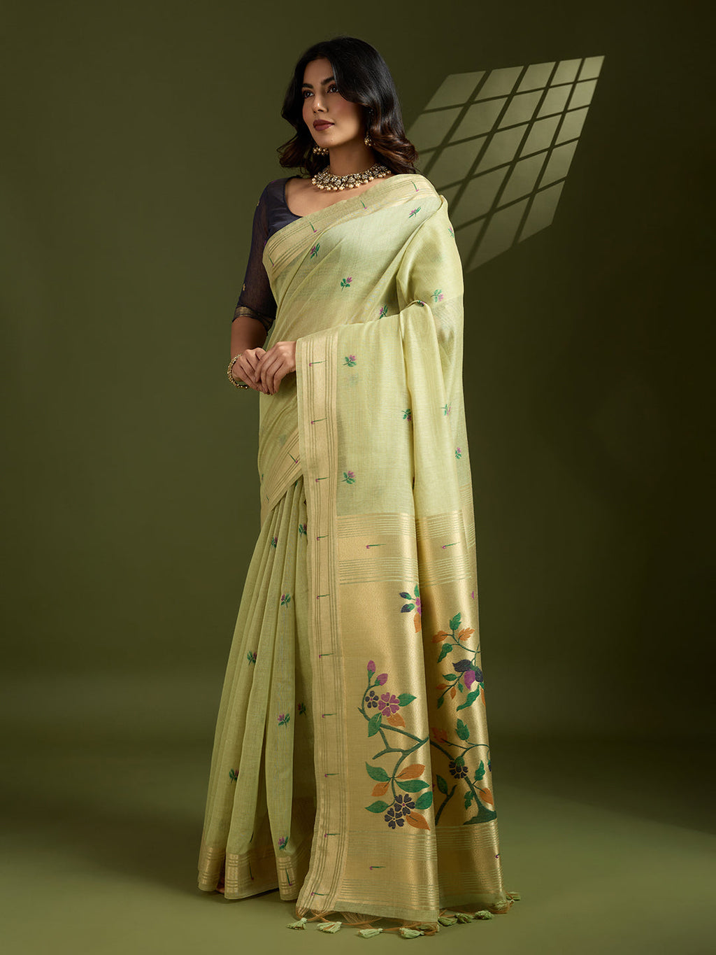 Jyoti Fashion Women's Sea Green Soft Muga Cotton Paithani Zari Woven Saree with Blouse