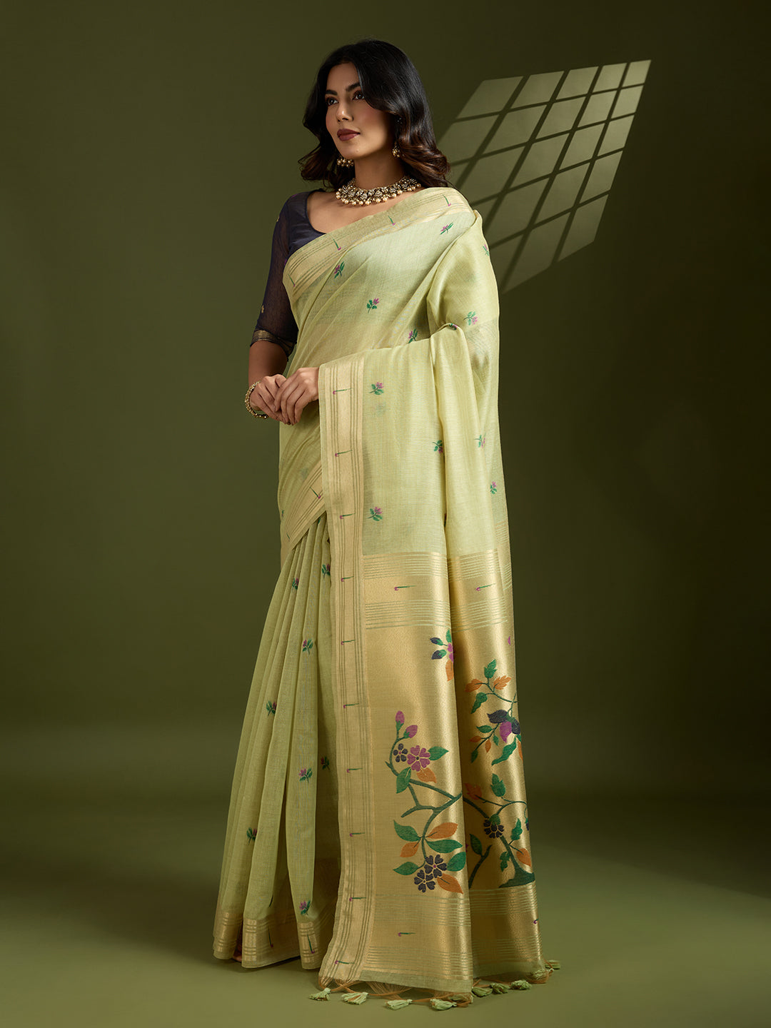 Jyoti Fashion Women's Sea Green Soft Muga Cotton Paithani Zari Woven Saree with Blouse