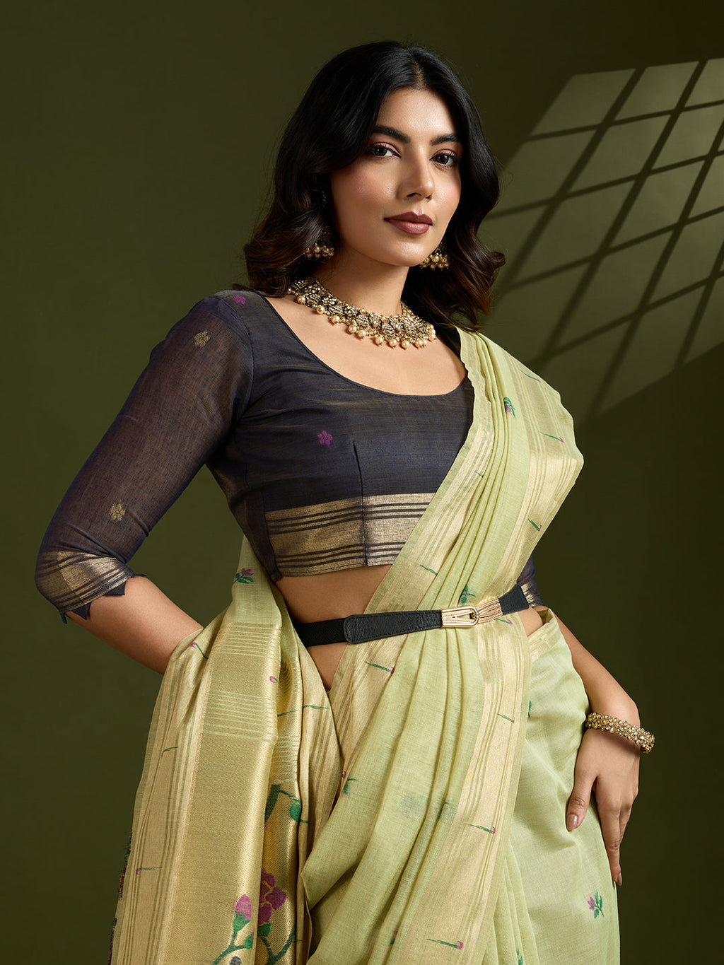 Jyoti Fashion Women's Sea Green Soft Muga Cotton Paithani Zari Woven Saree with Blouse