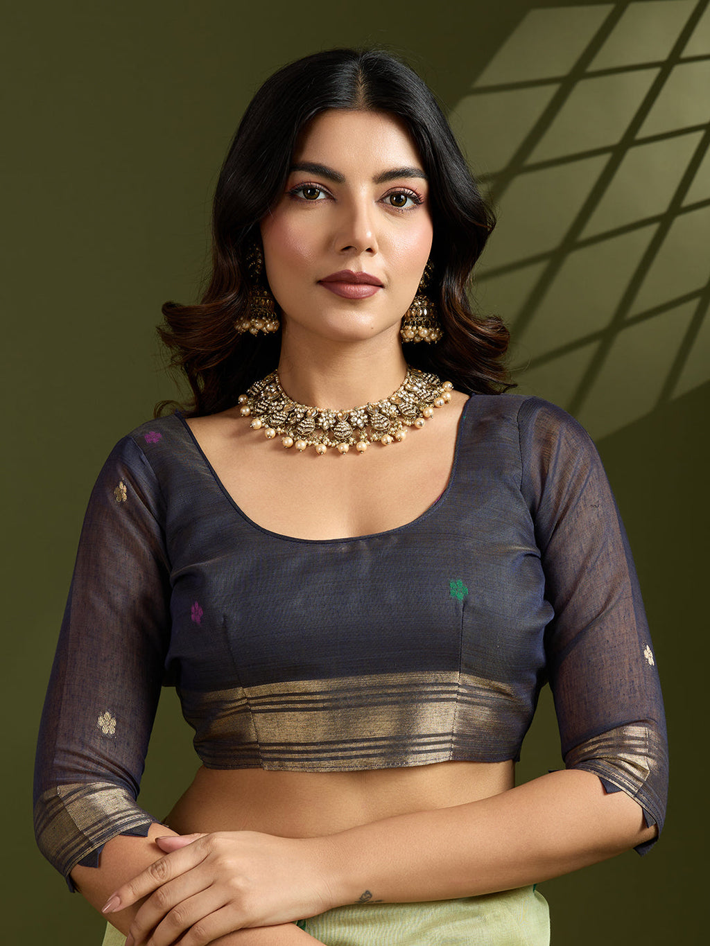 Jyoti Fashion Women's Sea Green Soft Muga Cotton Paithani Zari Woven Saree with Blouse