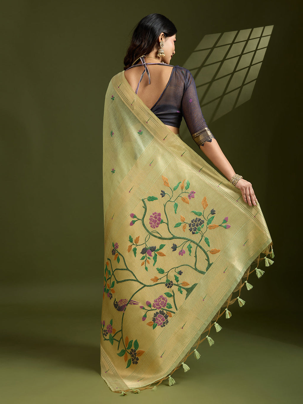 Jyoti Fashion Women's Sea Green Soft Muga Cotton Paithani Zari Woven Saree with Blouse