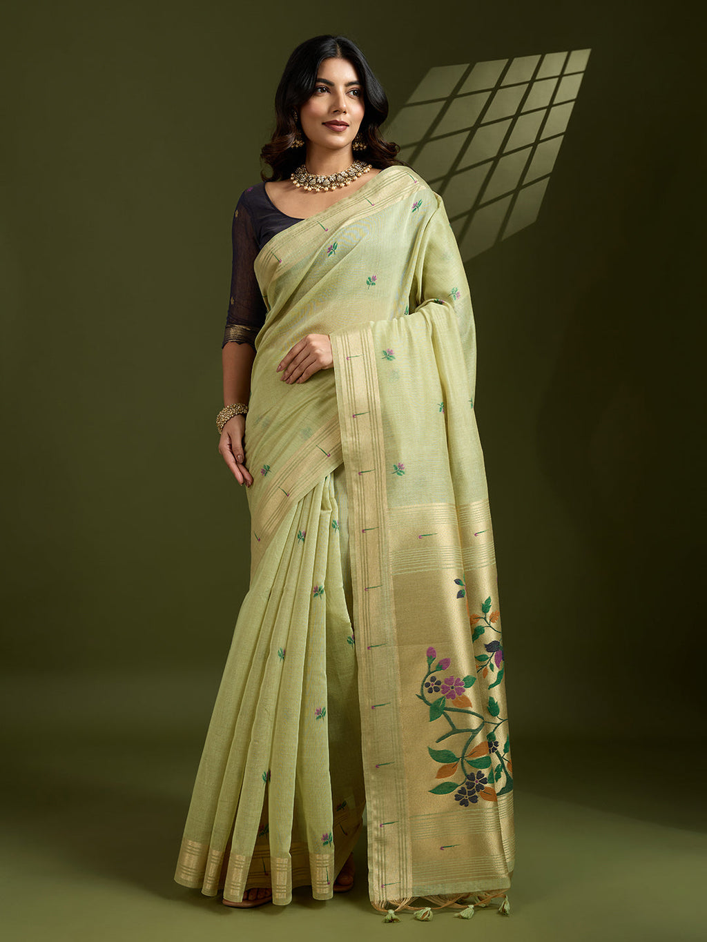 Jyoti Fashion Women's Sea Green Soft Muga Cotton Paithani Zari Woven Saree with Blouse