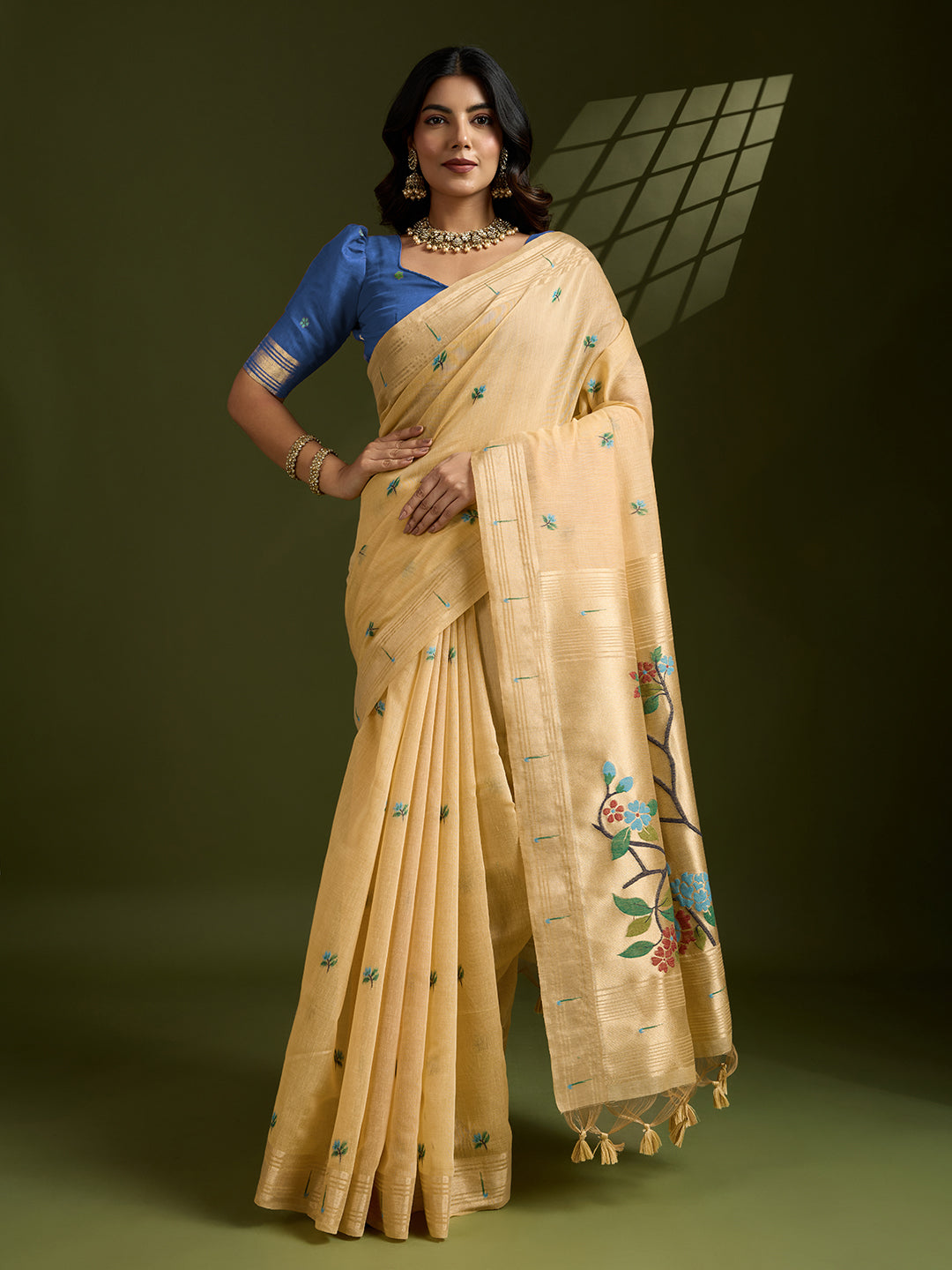 Jyoti Fashion Women's Yellow Soft Muga Cotton Paithani Zari Woven Saree with Blouse