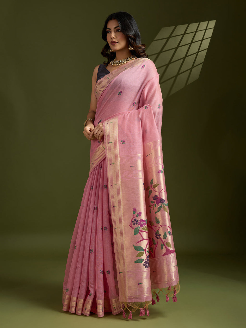 Jyoti Fashion Women's Pink Soft Muga Cotton Paithani Zari Woven Saree with Blouse