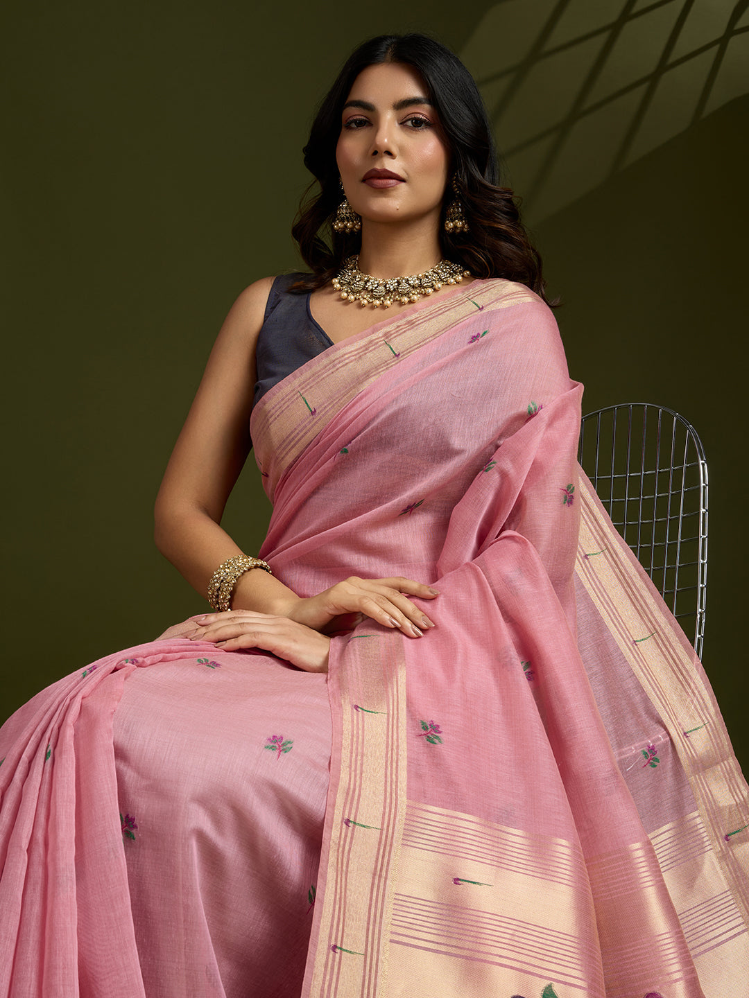 Jyoti Fashion Women's Pink Soft Muga Cotton Paithani Zari Woven Saree with Blouse