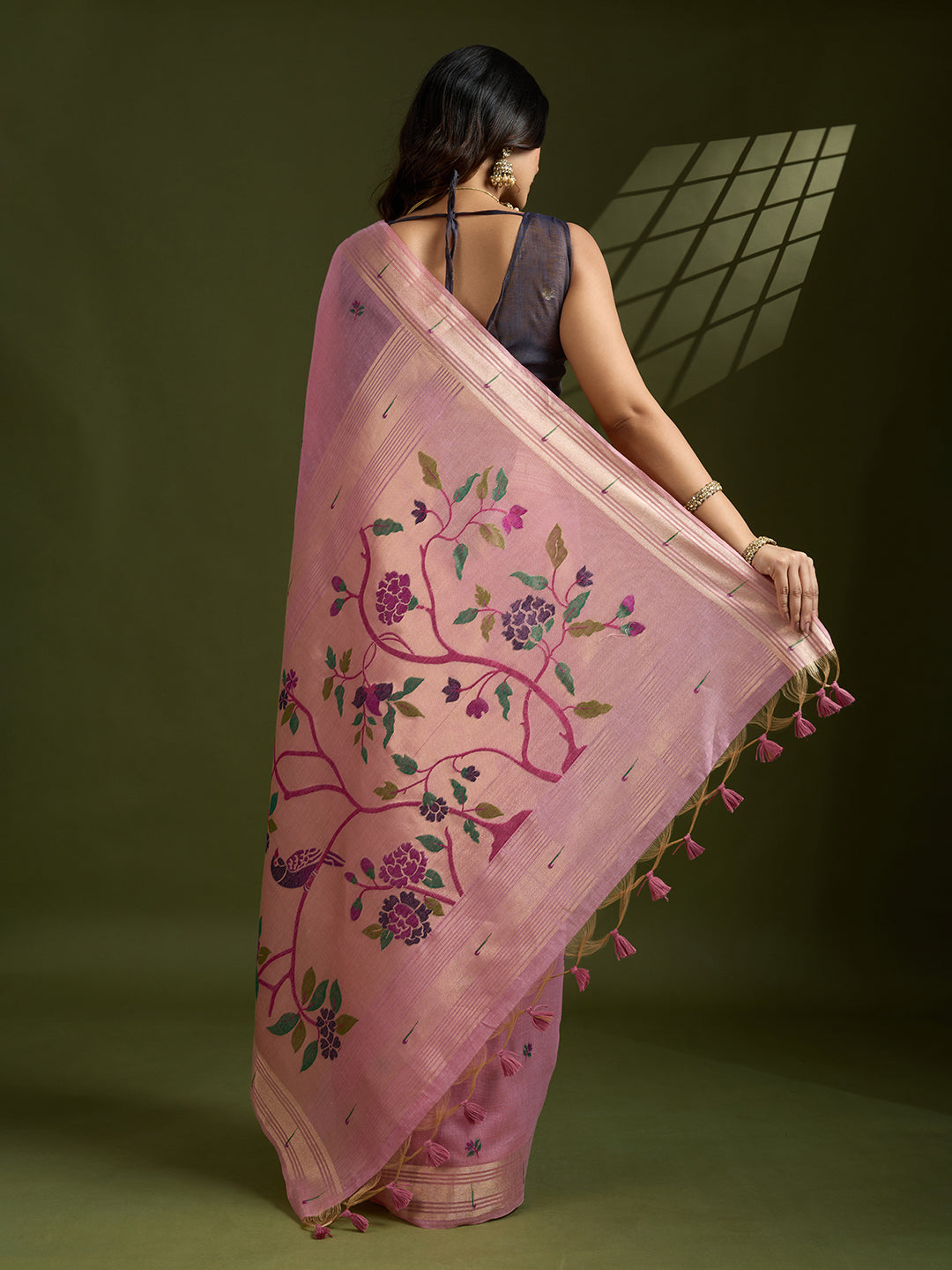 Jyoti Fashion Women's Pink Soft Muga Cotton Paithani Zari Woven Saree with Blouse