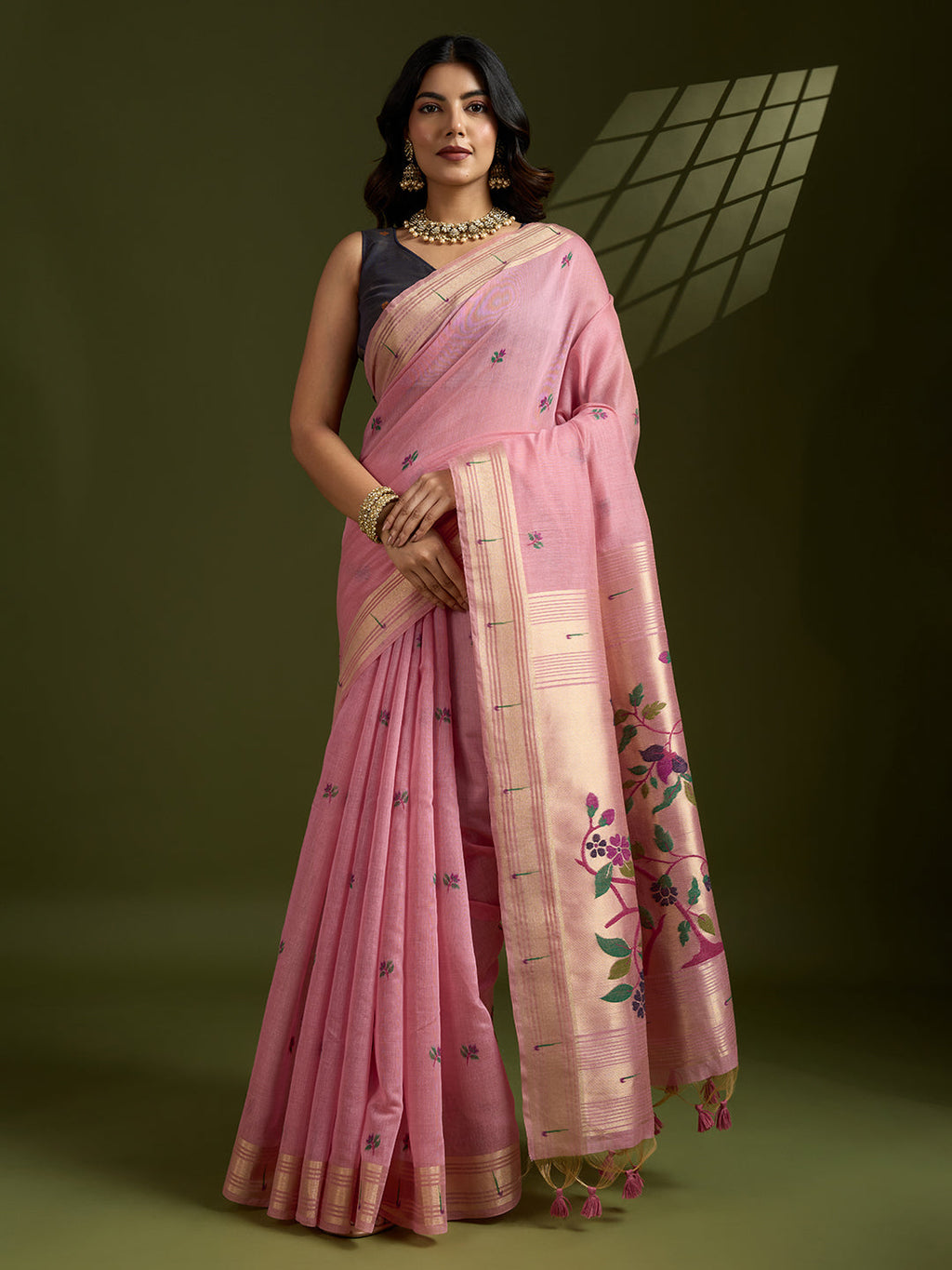 Jyoti Fashion Women's Pink Soft Muga Cotton Paithani Zari Woven Saree with Blouse