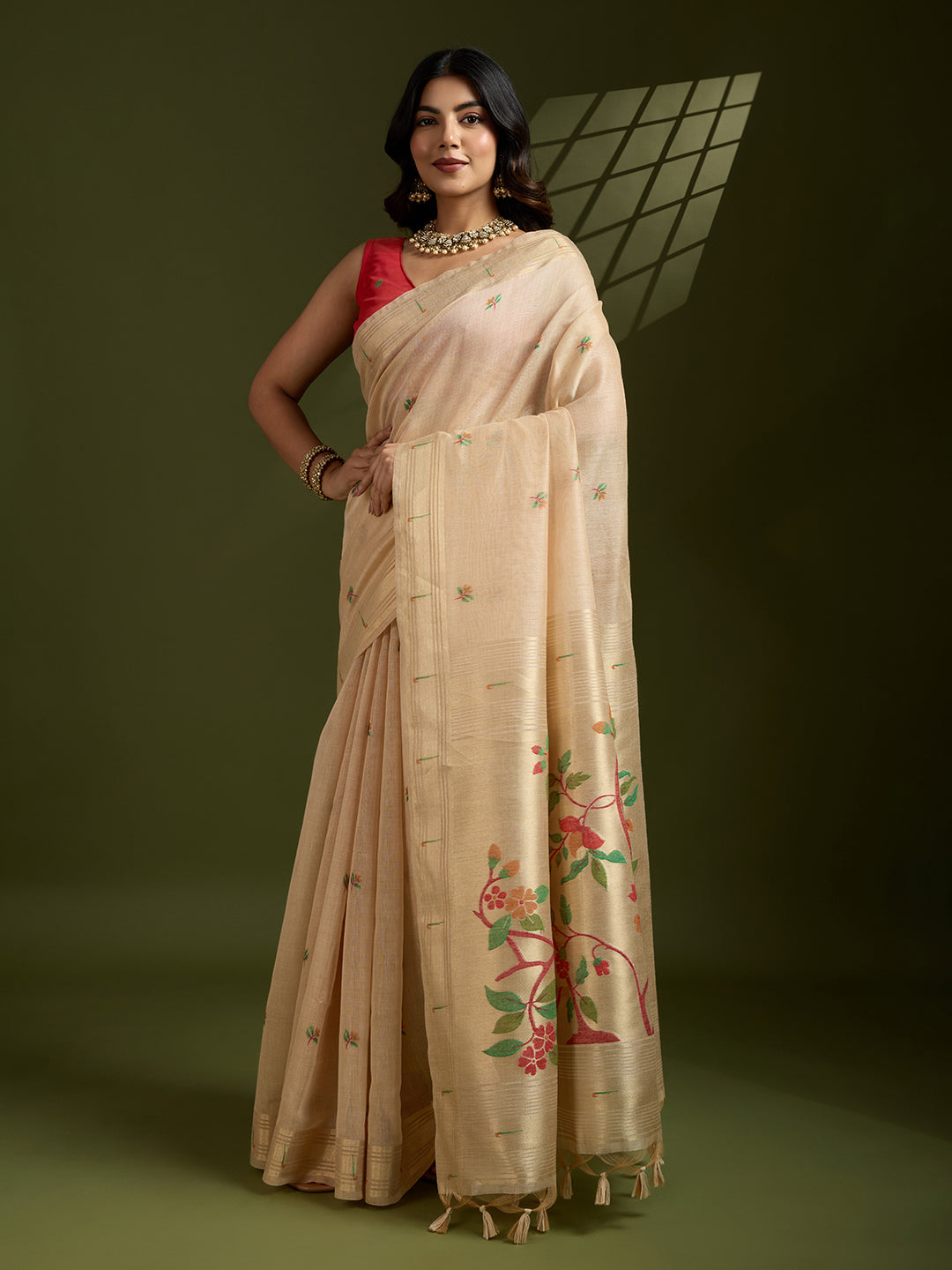 Jyoti Fashion Women's Cream Soft Muga Cotton Paithani Zari Woven Saree with Blouse