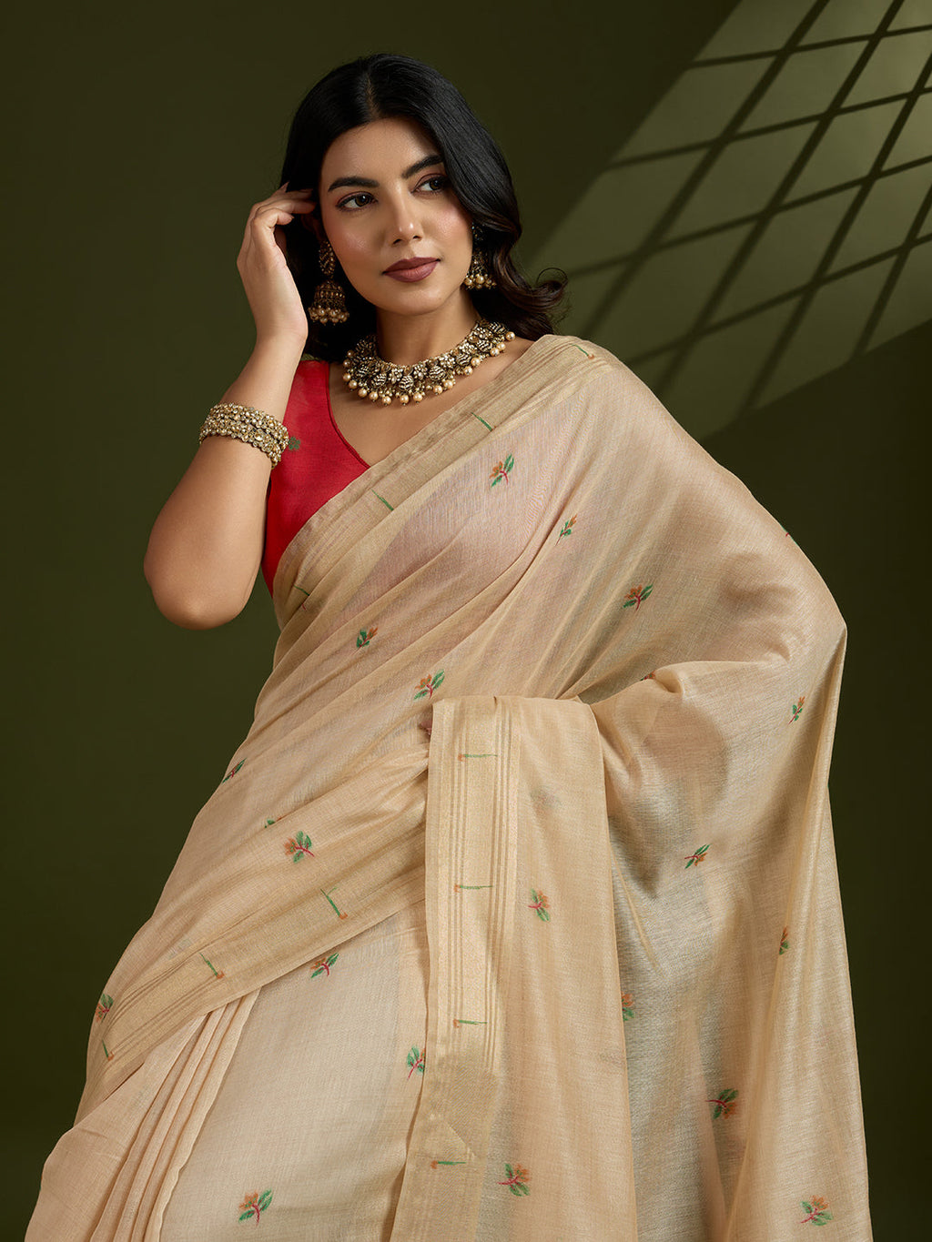 Jyoti Fashion Women's Cream Soft Muga Cotton Paithani Zari Woven Saree with Blouse