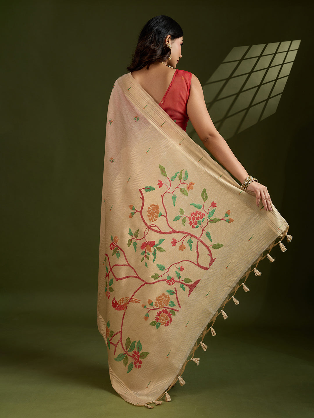 Jyoti Fashion Women's Cream Soft Muga Cotton Paithani Zari Woven Saree with Blouse