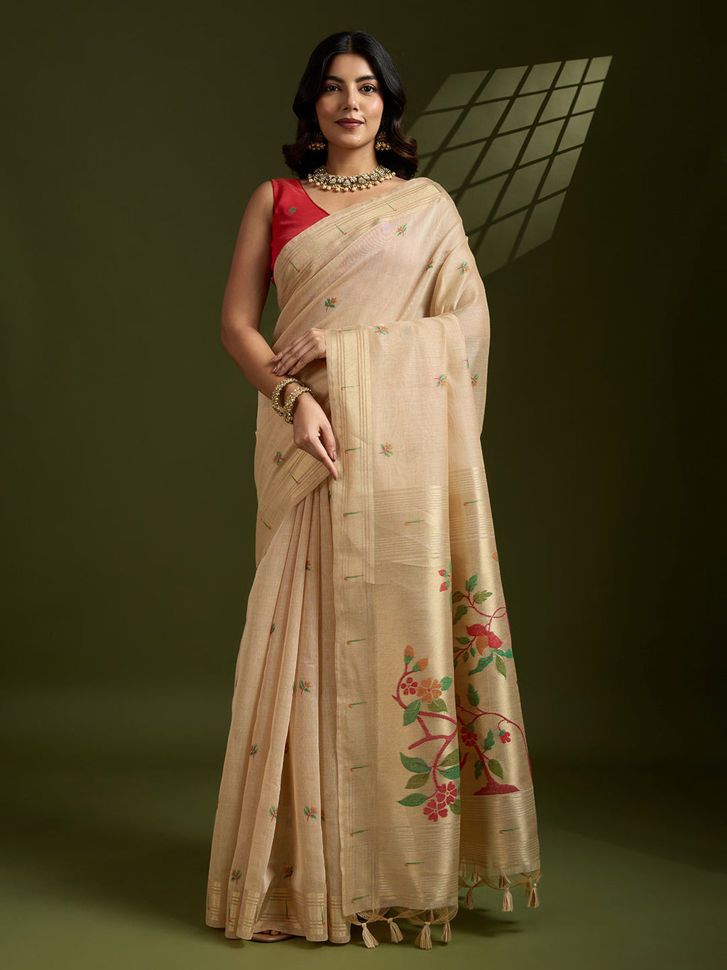 Jyoti Fashion Women's Cream Soft Muga Cotton Paithani Zari Woven Saree with Blouse