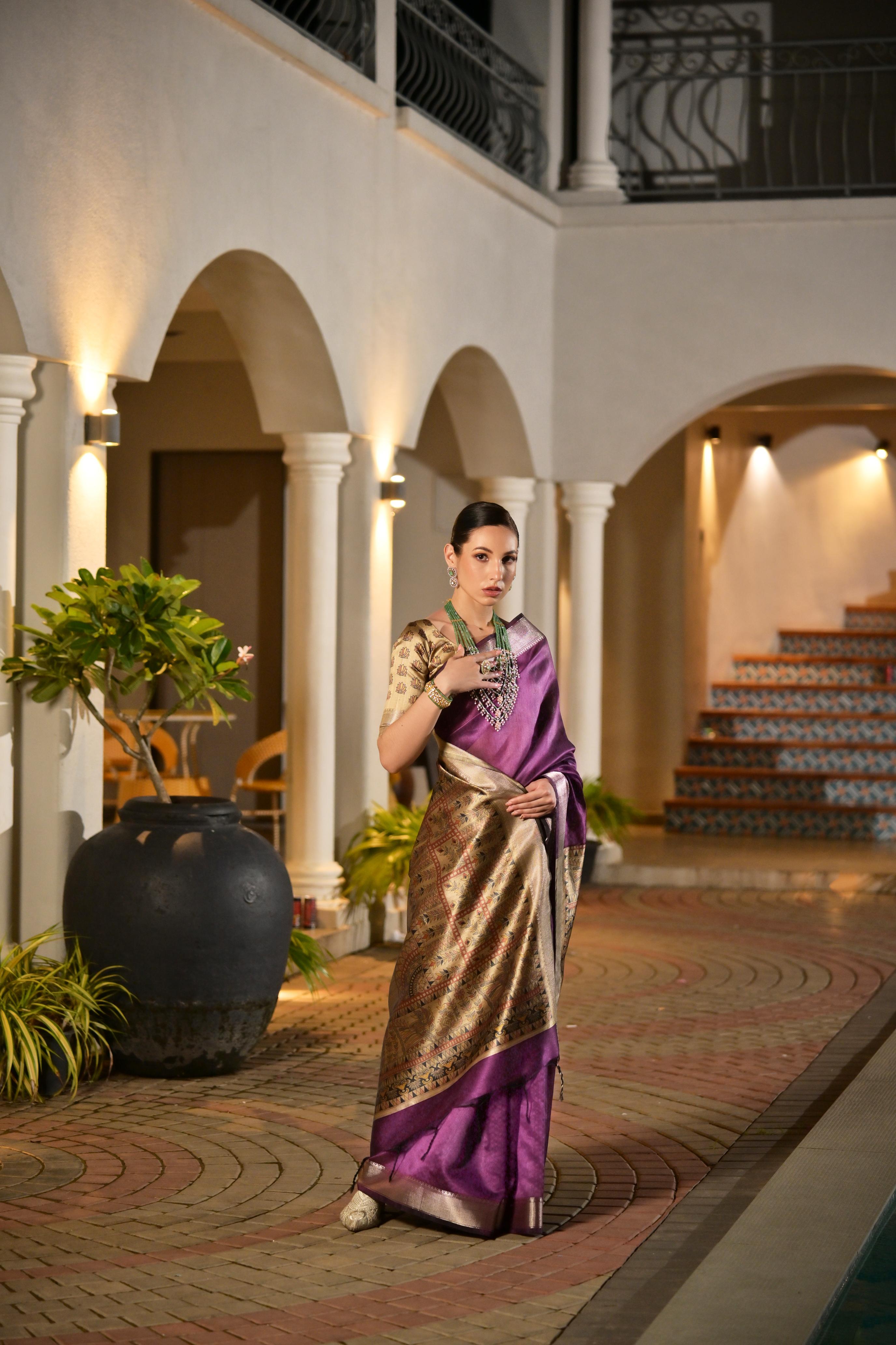 Jyoti Fashion Women's Purple Soft Khadi Raw Silk Zari Woven Saree with Blouse