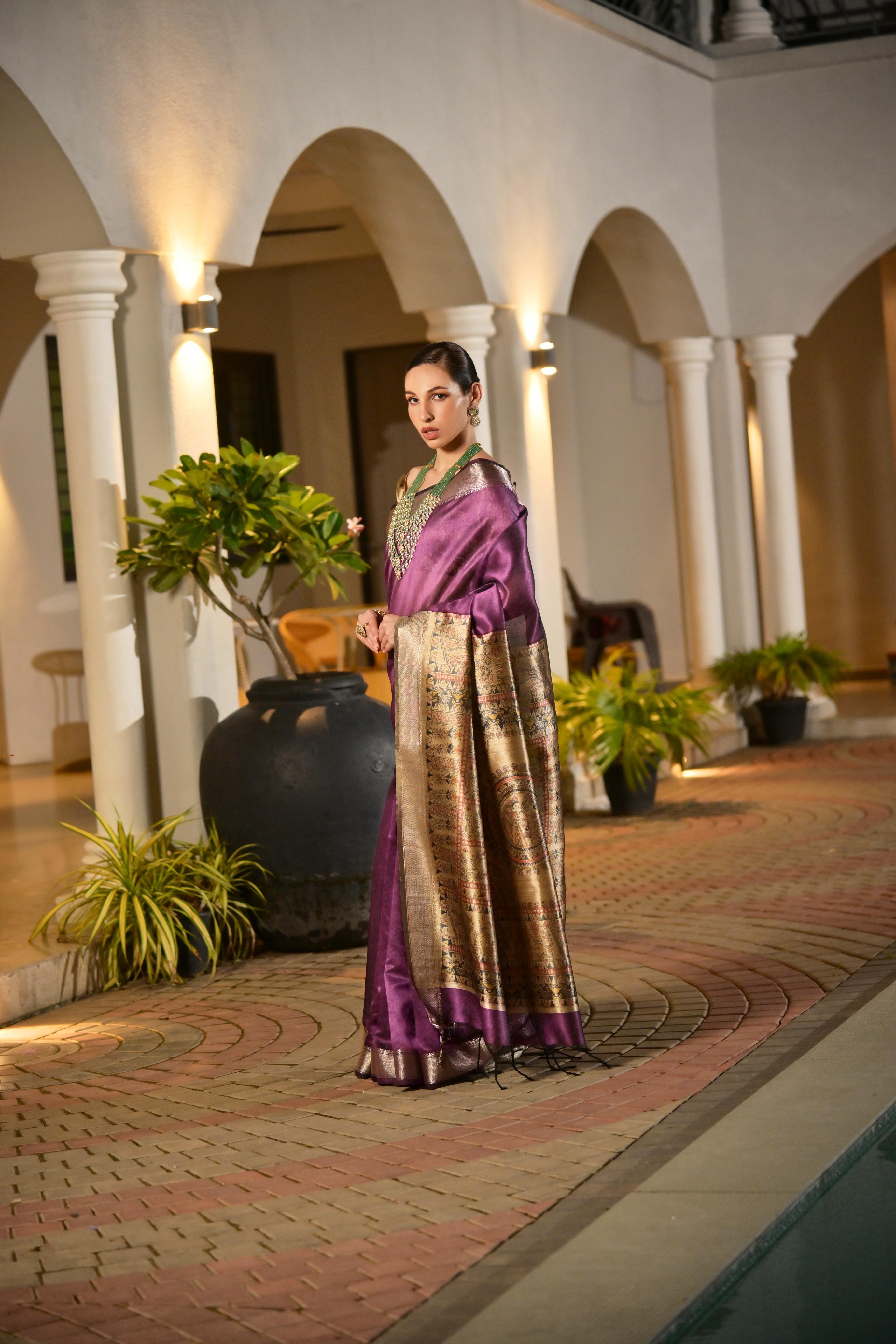 Jyoti Fashion Women's Purple Soft Khadi Raw Silk Zari Woven Saree with Blouse