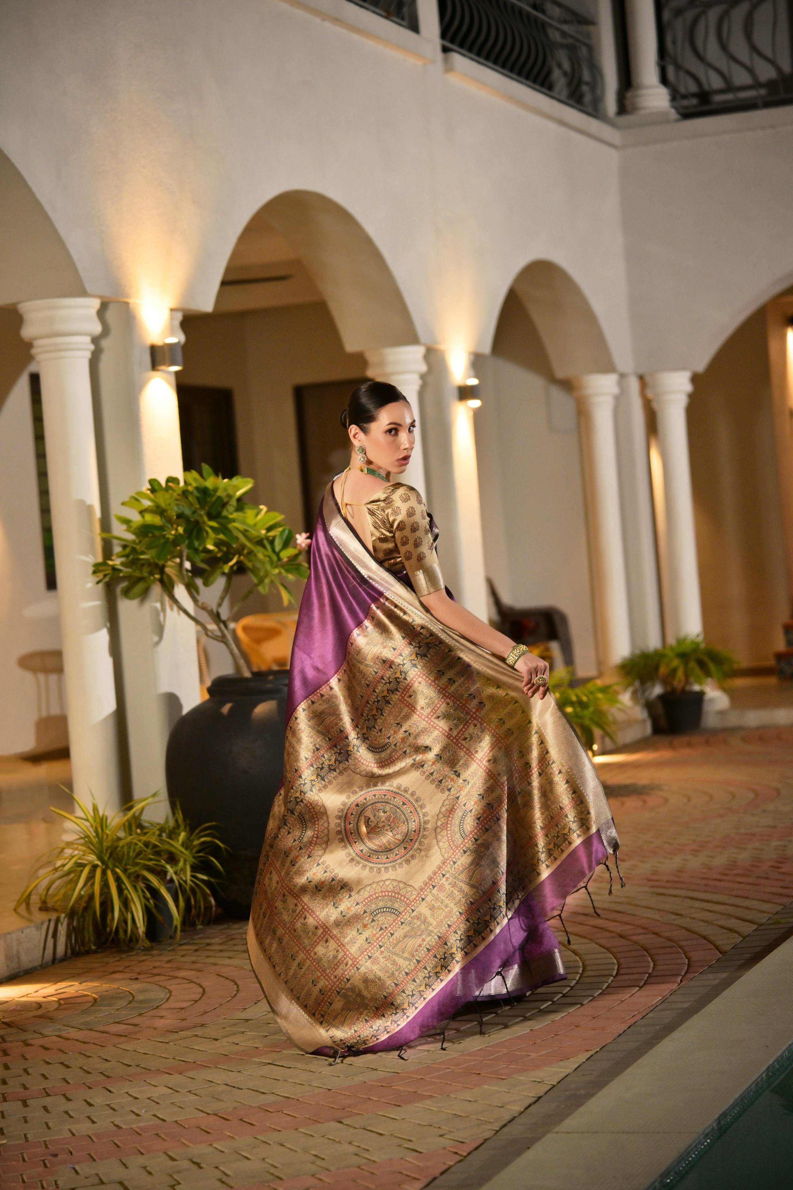 Jyoti Fashion Women's Purple Soft Khadi Raw Silk Zari Woven Saree with Blouse