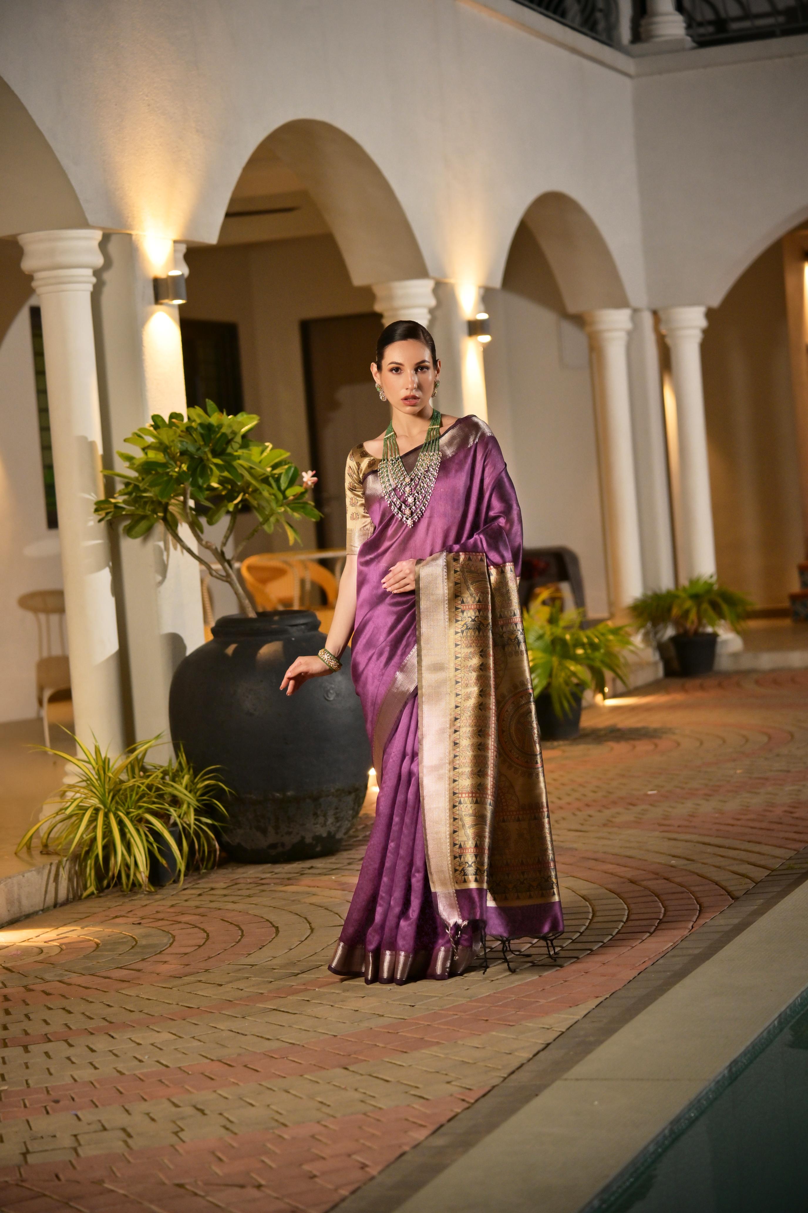 Jyoti Fashion Women's Purple Soft Khadi Raw Silk Zari Woven Saree with Blouse